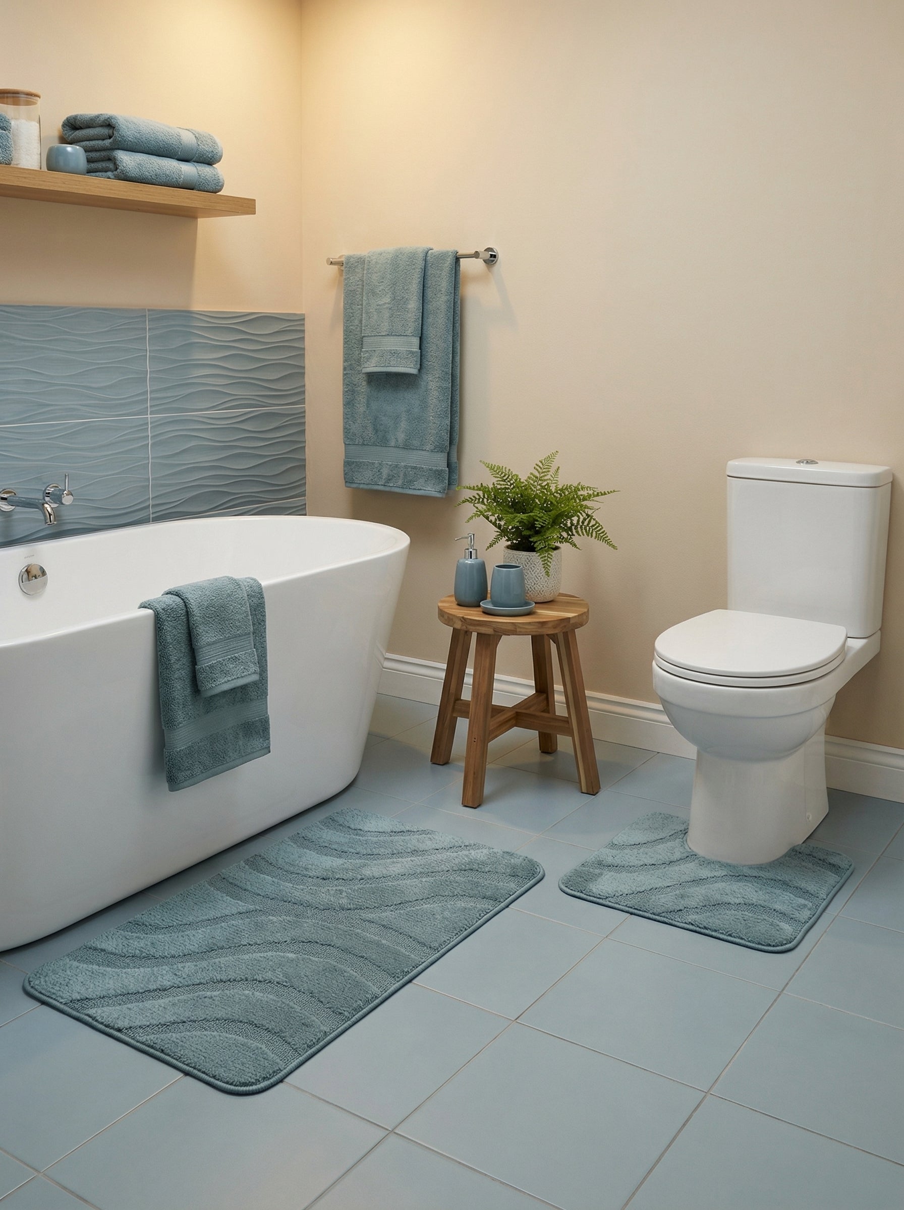 Deux tapis de bain bleu-vert moelleux avec motifs ondulés, un rectangulaire et un en U, posés sur le sol carrelé d'une salle de bain
