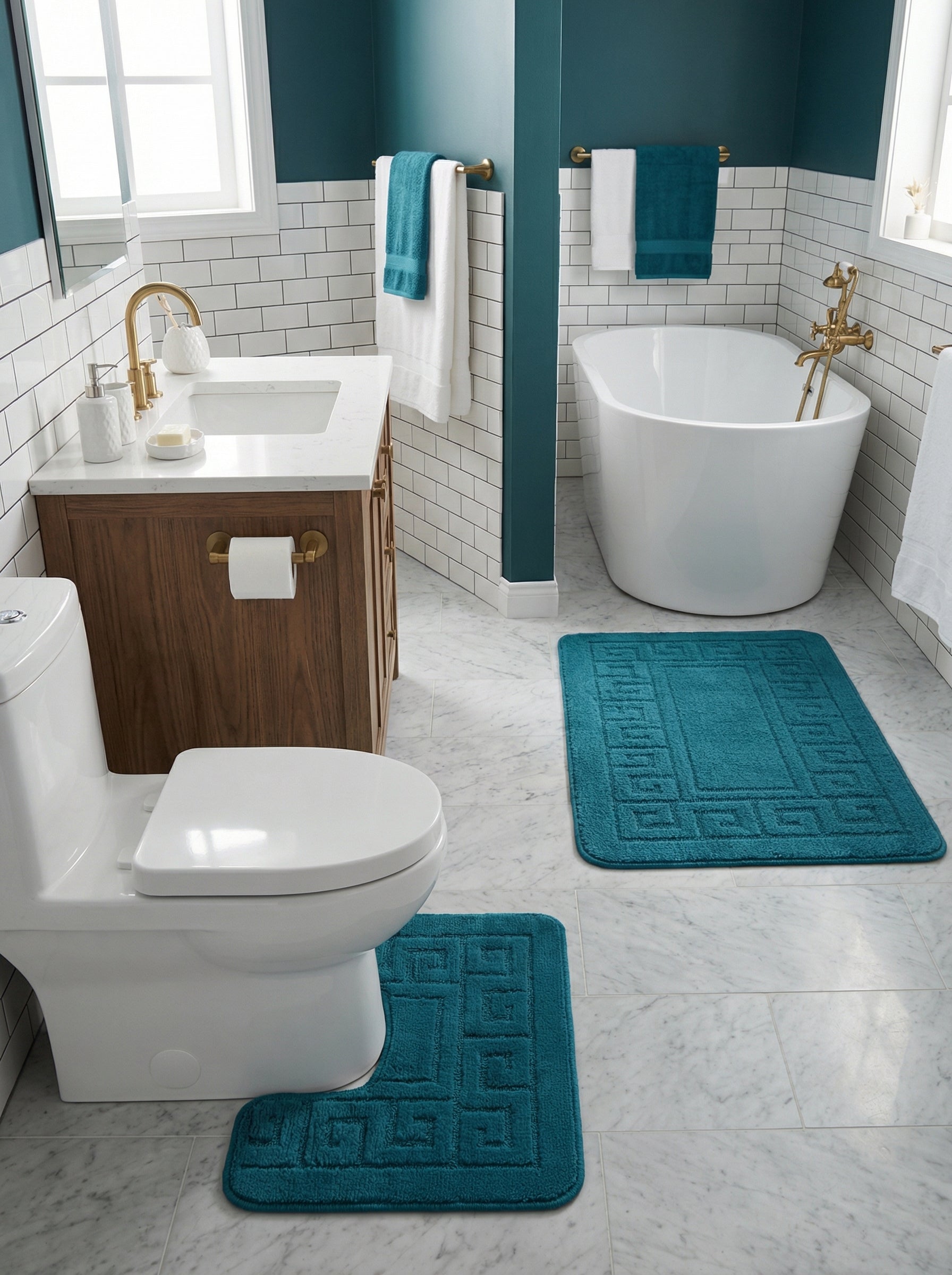 Deux tapis de bain sarcelle en bouclette, un rectangulaire et un contour de WC, avec une bordure à motifs géométriques en relief, dans une salle de bain