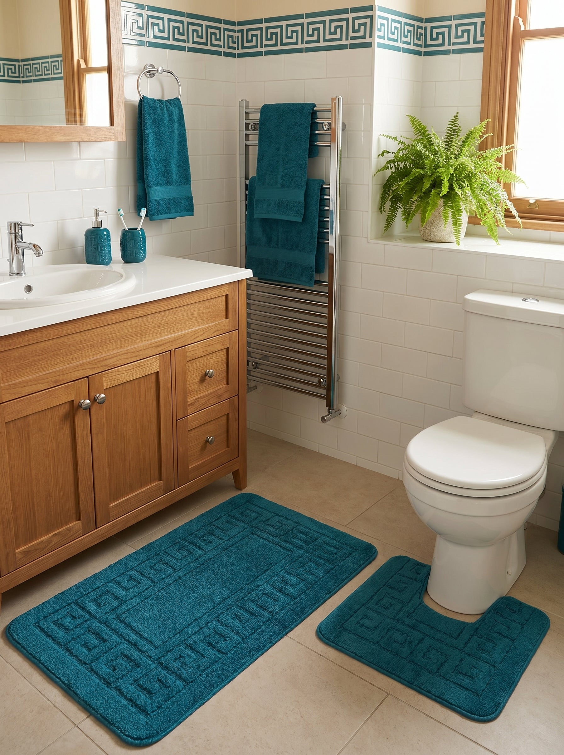 Deux tapis de bain bleu sarcelle en textile doux, l'un rectangulaire et l'autre en U pour WC, avec motif grec en relief, dans une salle de bain
