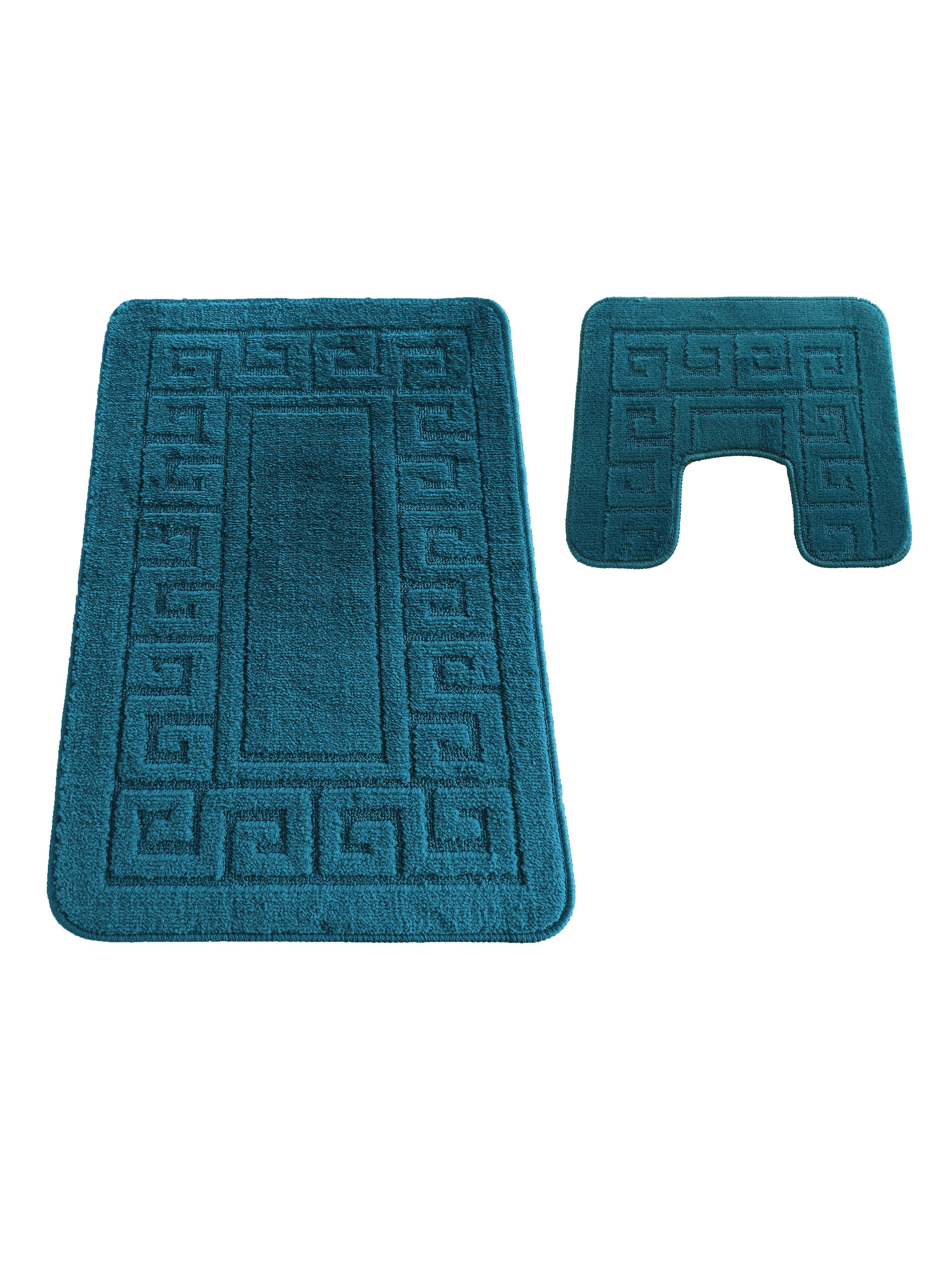 Deux tapis moelleux bleu-vert à motif de clé grecque en relief. L'un est rectangulaire, l'autre en forme de U