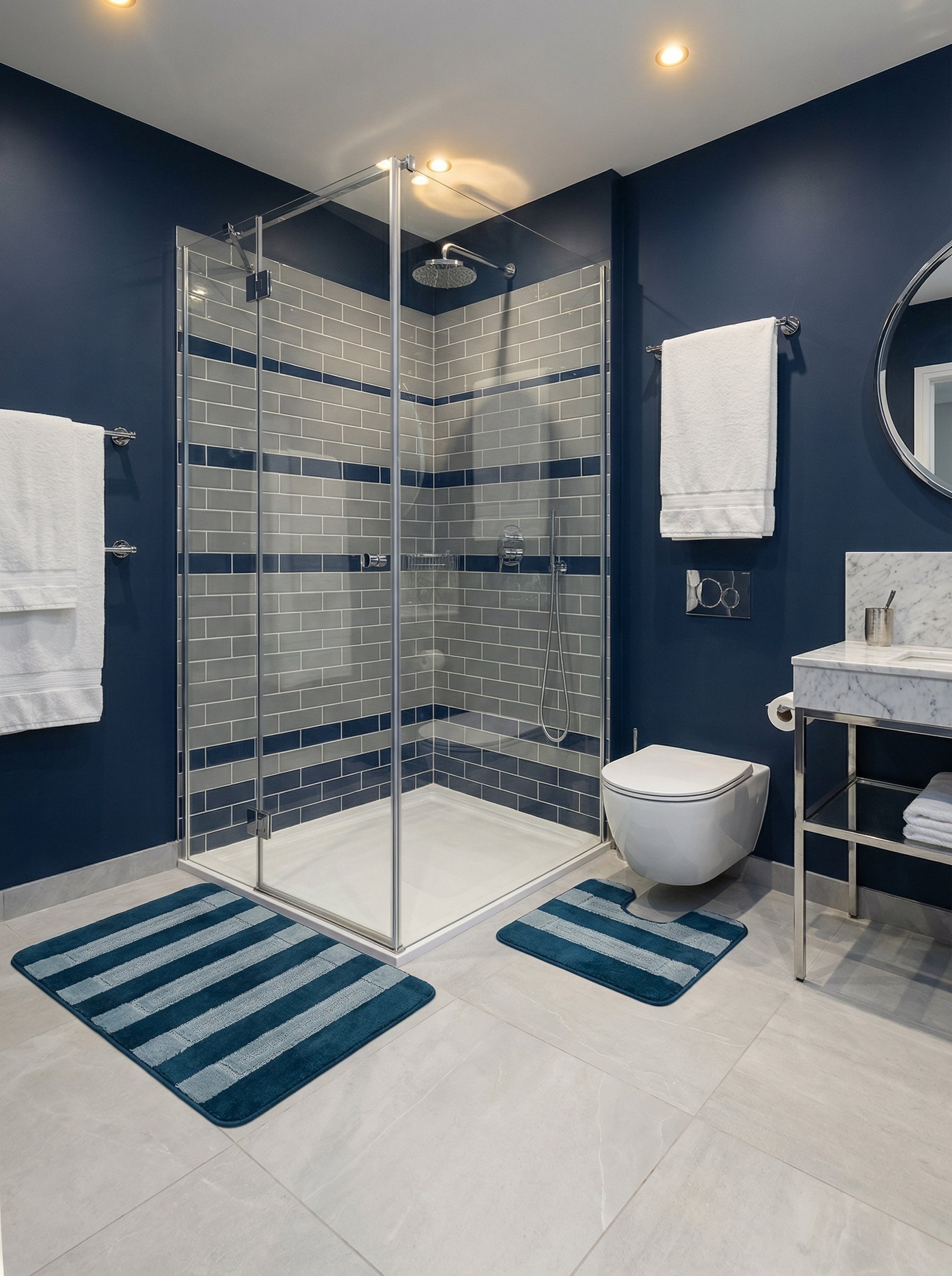 Deux tapis de bain moelleux, un rectangulaire et un en U, à rayures bleu pétrole et bleu pâle dans une salle de bain