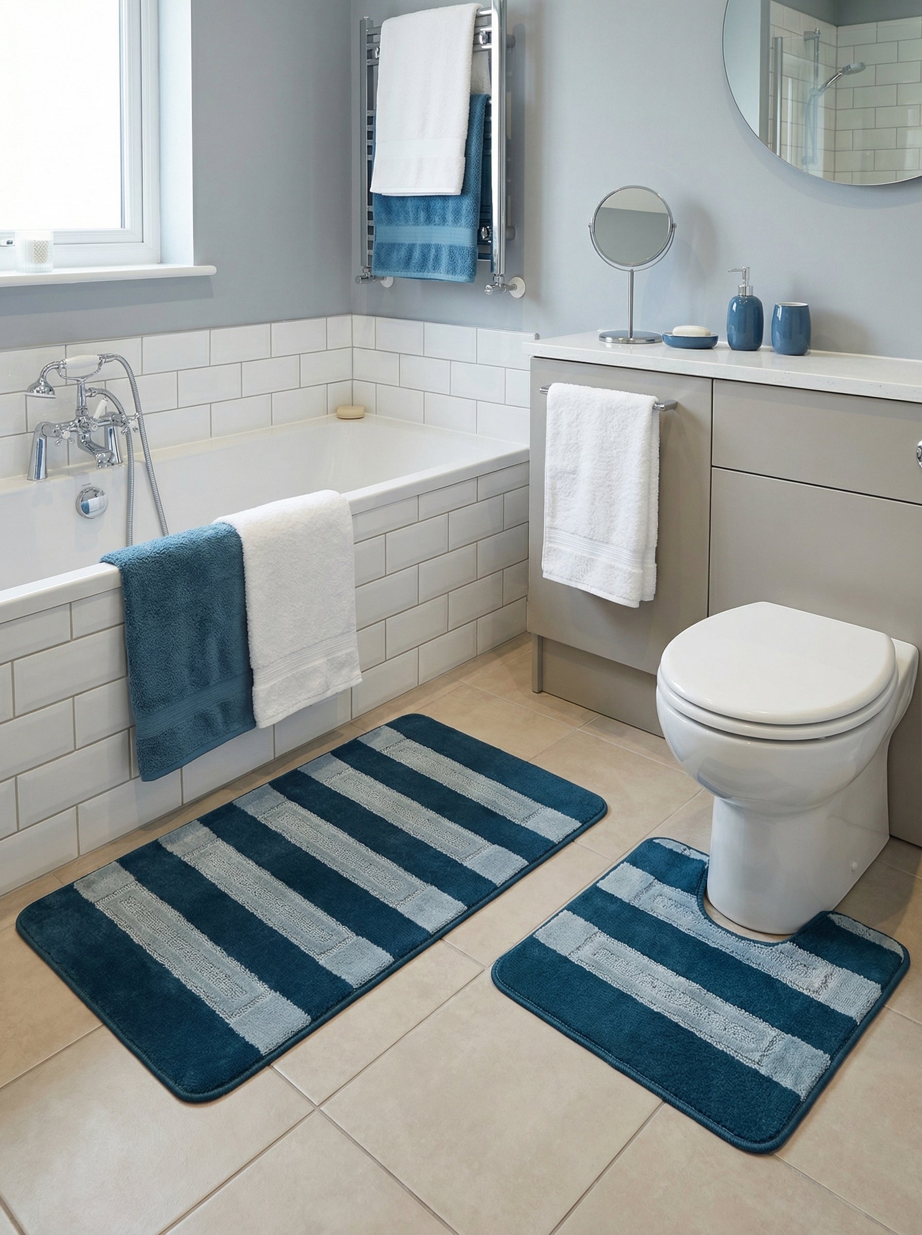 Ensemble de tapis de bain doux, bleu pétrole et gris clair, à rayures et motifs géométriques embossés, dans une salle de bain