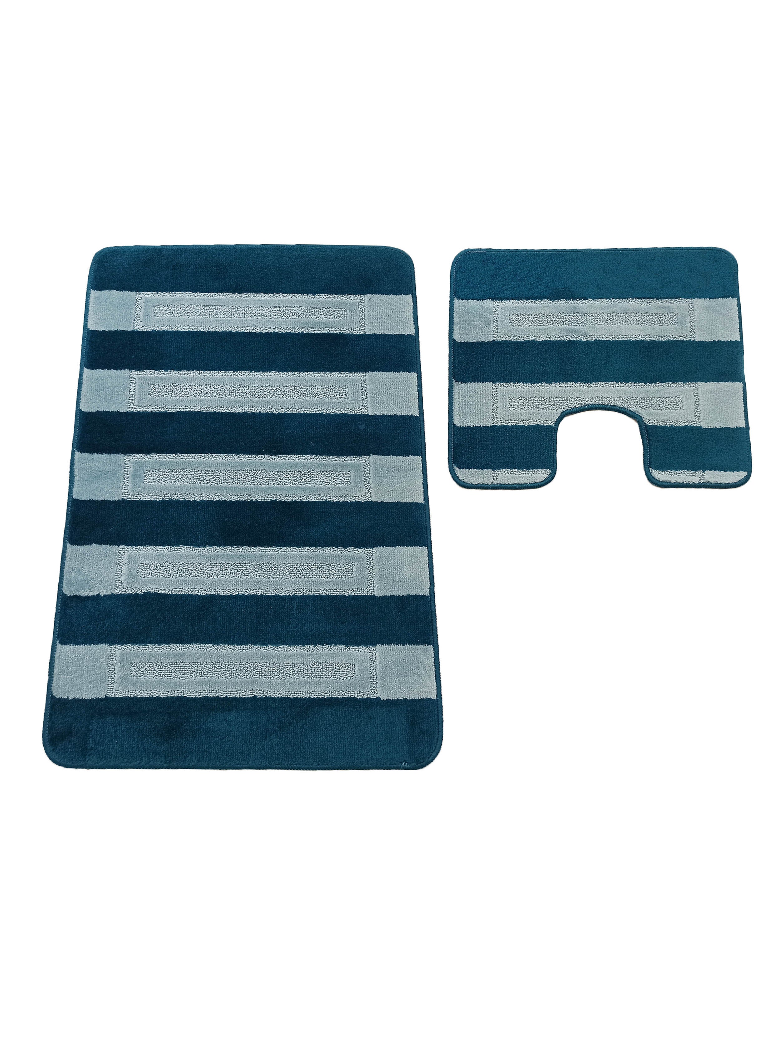 Lot de deux tapis textiles, un rectangulaire et un contour, à rayures horizontales bleu canard et gris clair