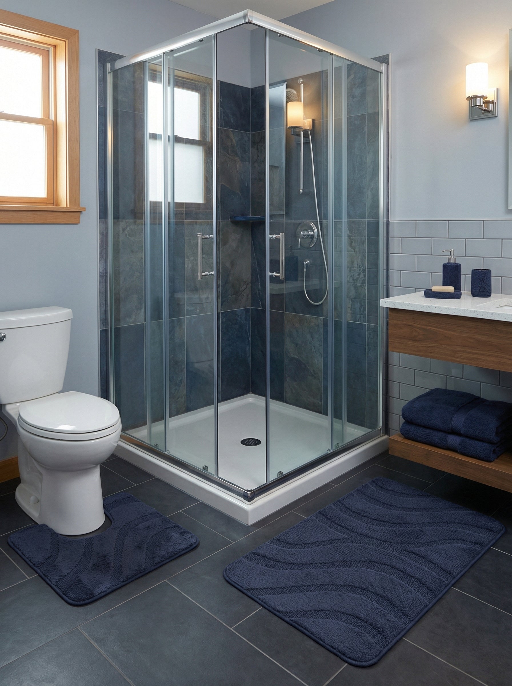 Deux tapis de bain bleu marine, l'un en U et l'autre rectangulaire, avec des motifs ondulés doux, sont sur le sol carrelé d'une salle de bain
