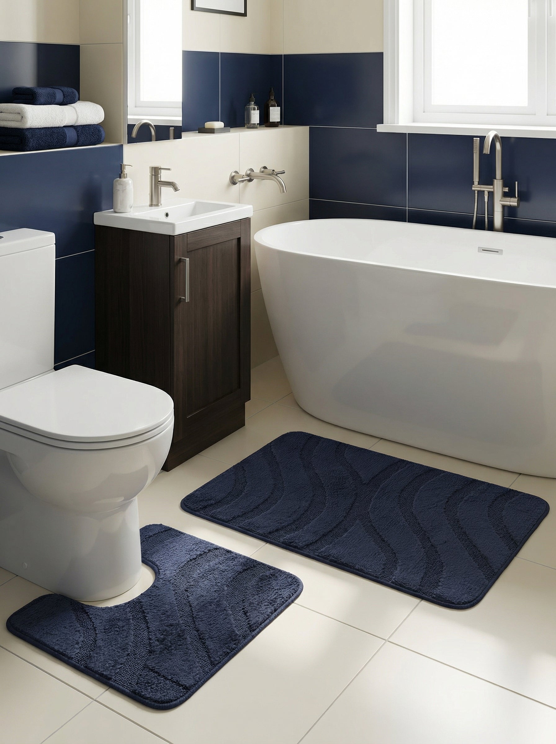 Deux tapis de bain bleu marine moelleux, l'un rectangulaire et l'autre en U, avec des motifs ondulés en relief dans une salle de bain moderne