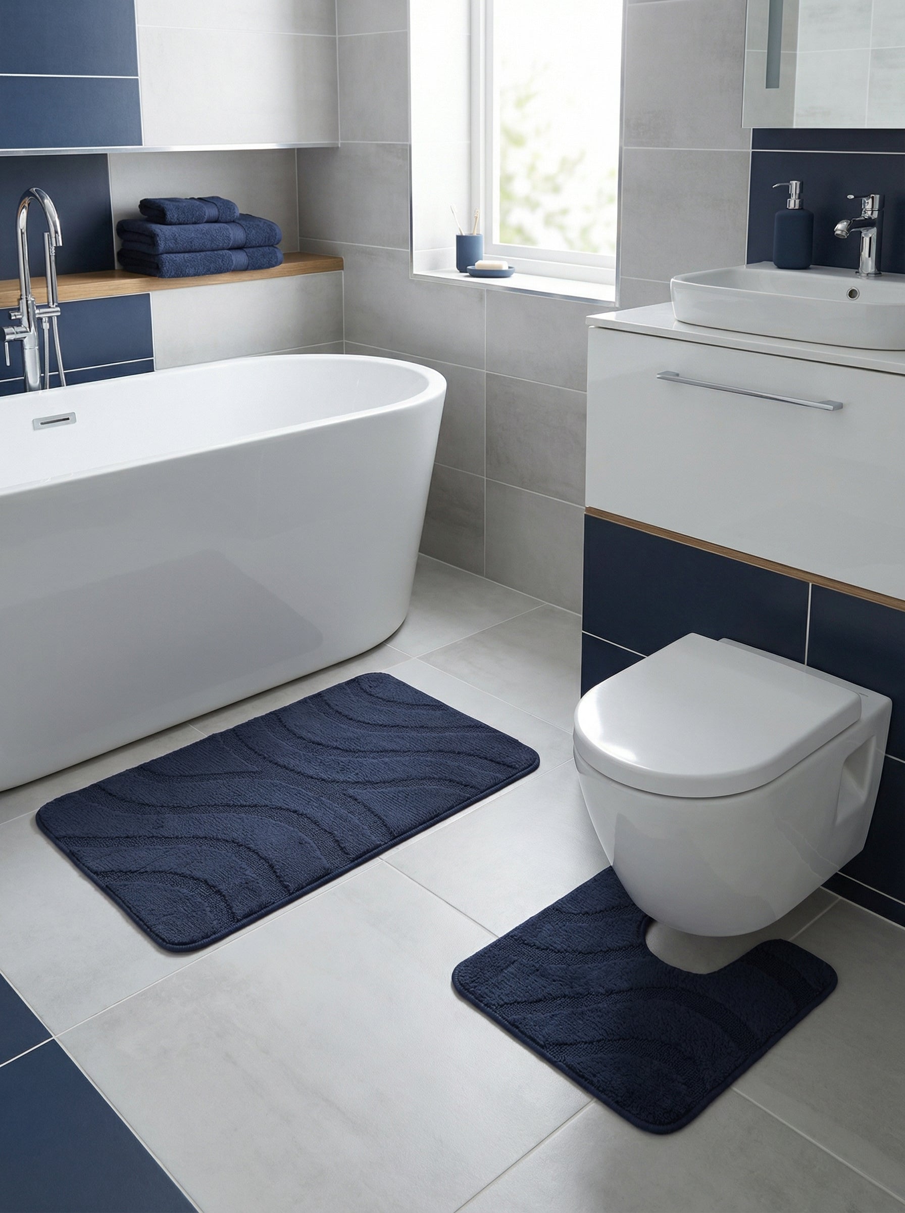 Deux tapis de bain bleu marine moelleux, un rectangulaire et un en forme de U, avec des motifs de vagues en relief, dans une salle de bain moderne