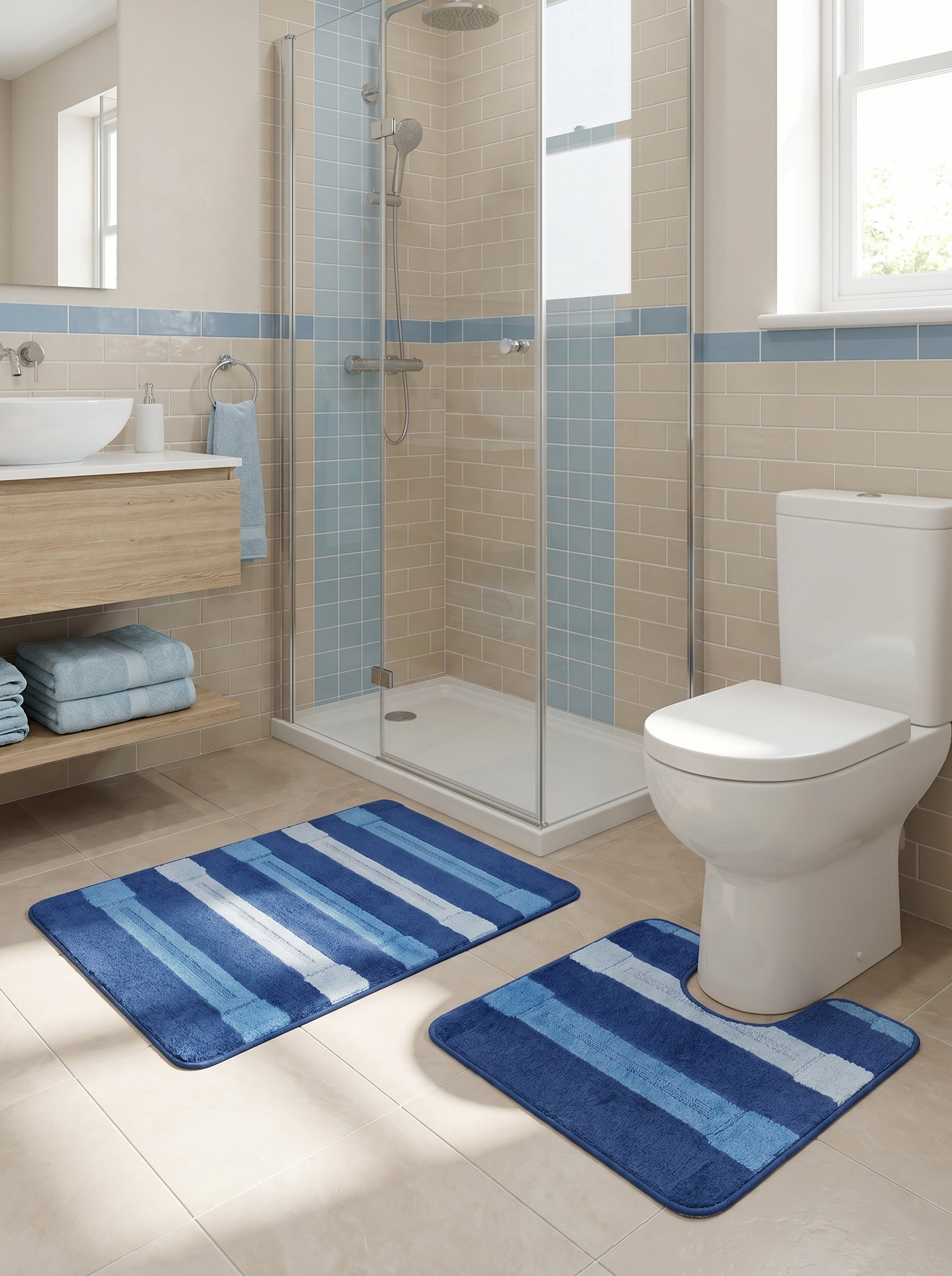 Deux tapis de bain moelleux, un rectangulaire et un en U, avec des rayures bleues claires et foncées et des motifs texturés, dans une salle de bain