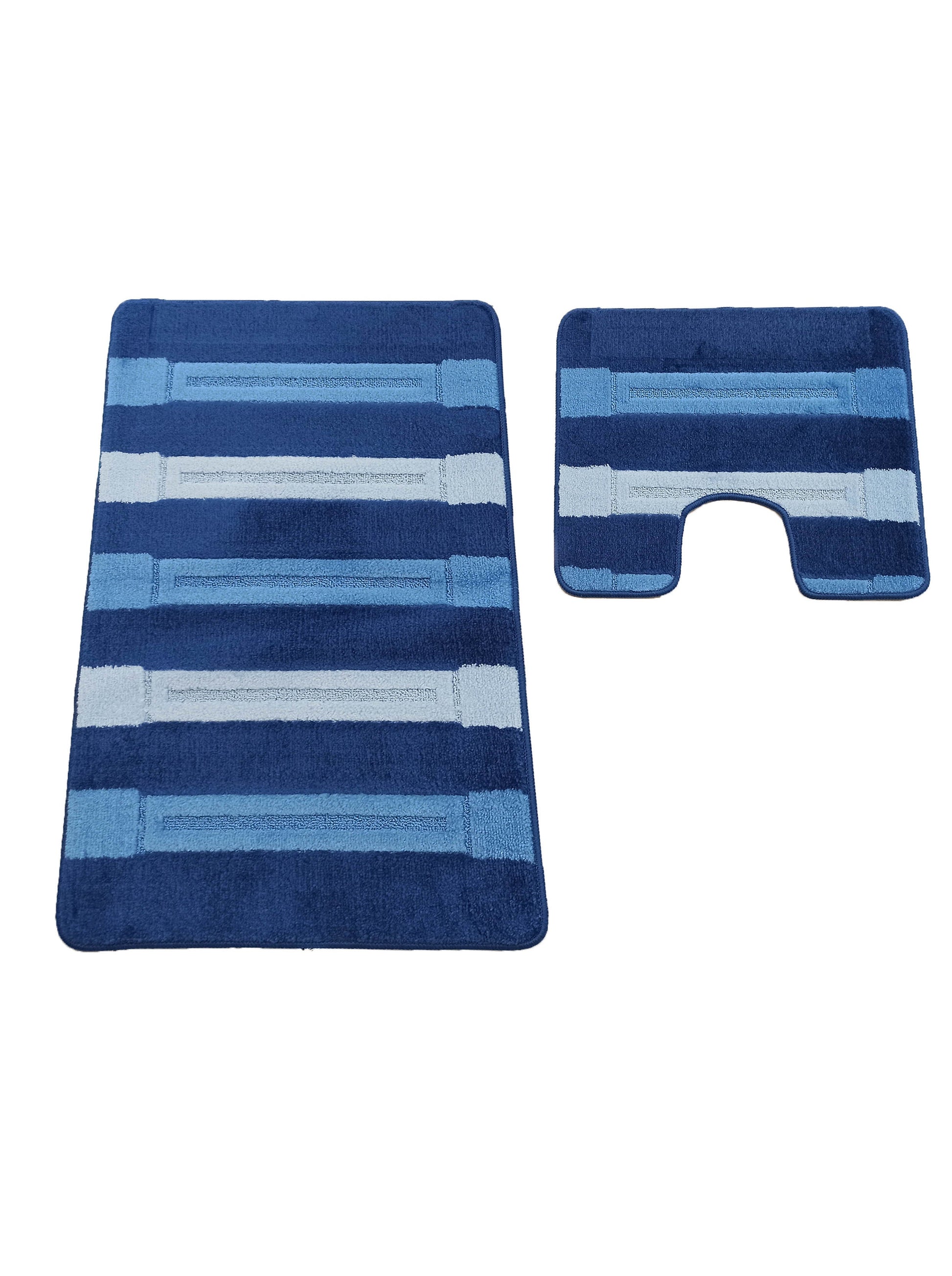 Deux tapis bleus, l'un rectangulaire et l'autre en U, avec des rayures horizontales de différentes nuances et textures