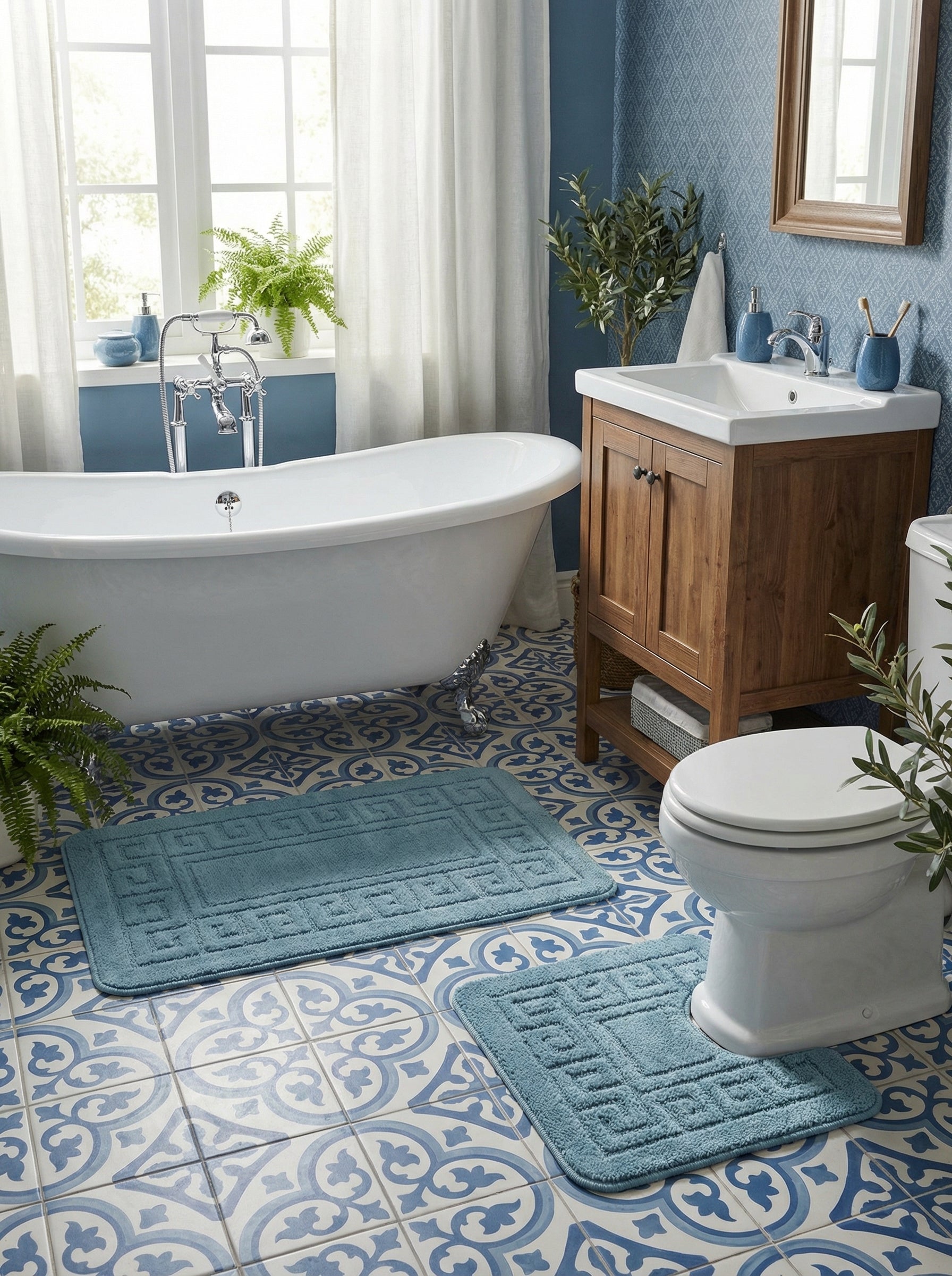 Deux tapis de bain bleu-vert, dont un pour WC, avec motif géométrique en relief, dans une salle de bain carrelée