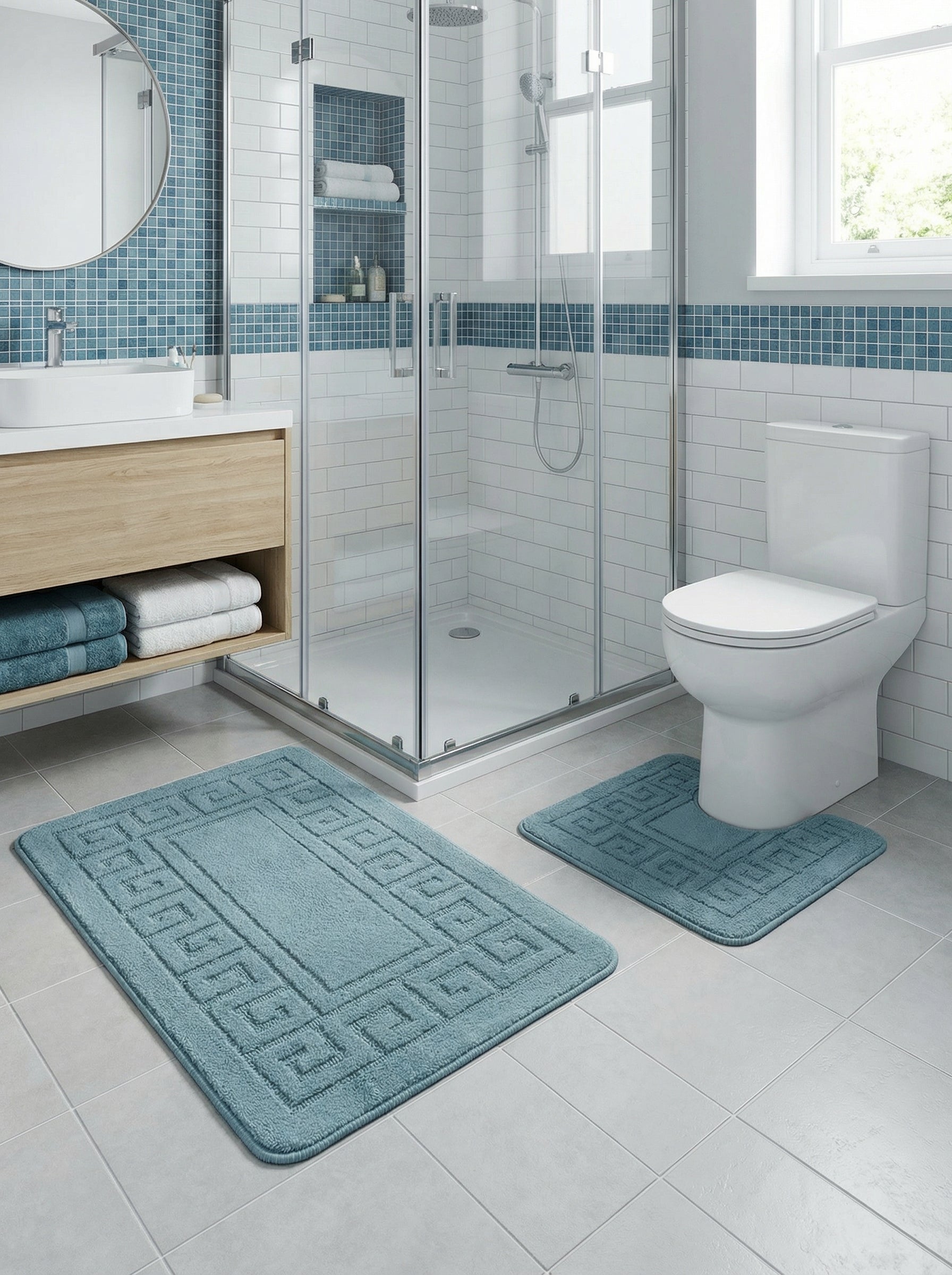Deux tapis de bain bleu clair, moelleux, à motif géométrique, un rectangulaire et un contour de WC, dans une salle de bain