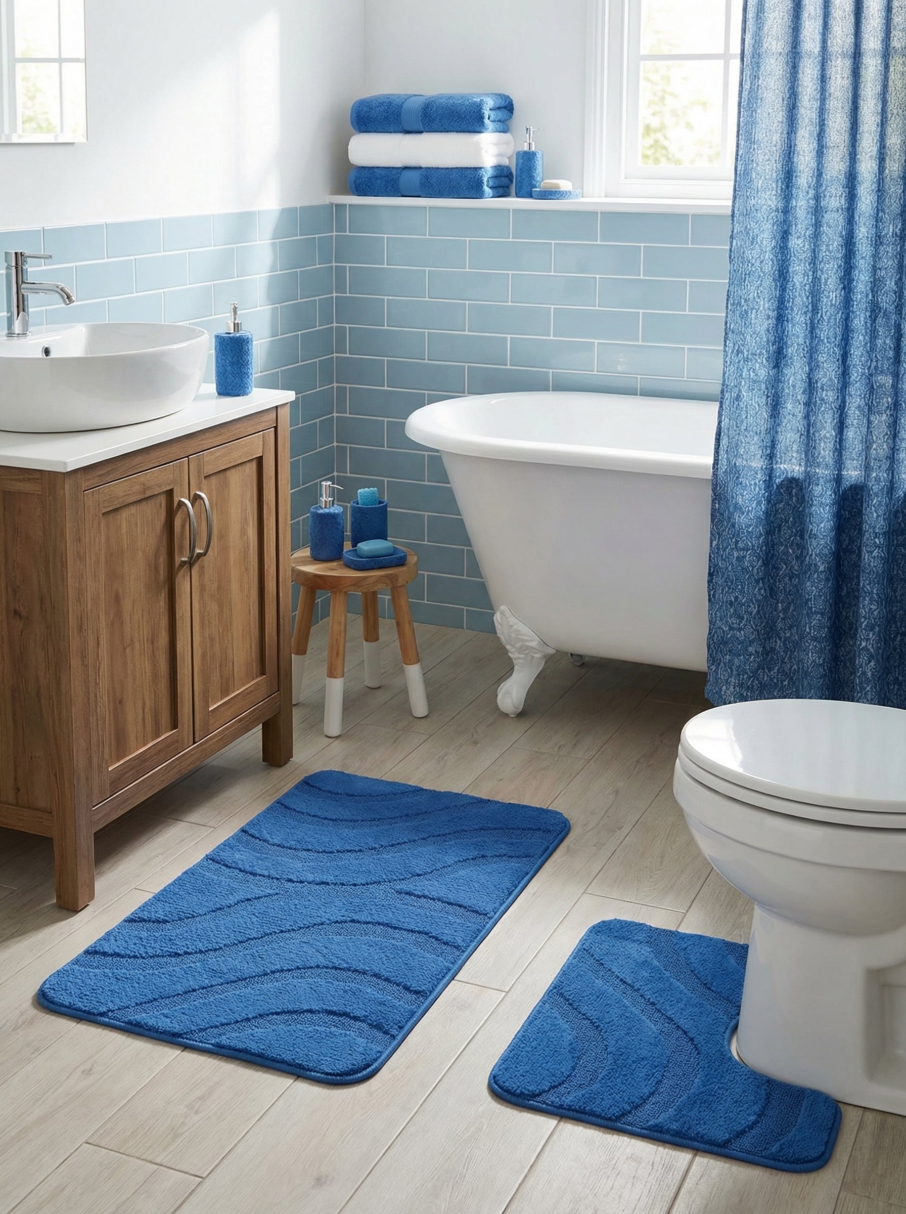 Deux tapis de bain bleus, doux et texturés, l'un rectangulaire et l'autre en U avec des motifs de vagues, dans une salle de bain
