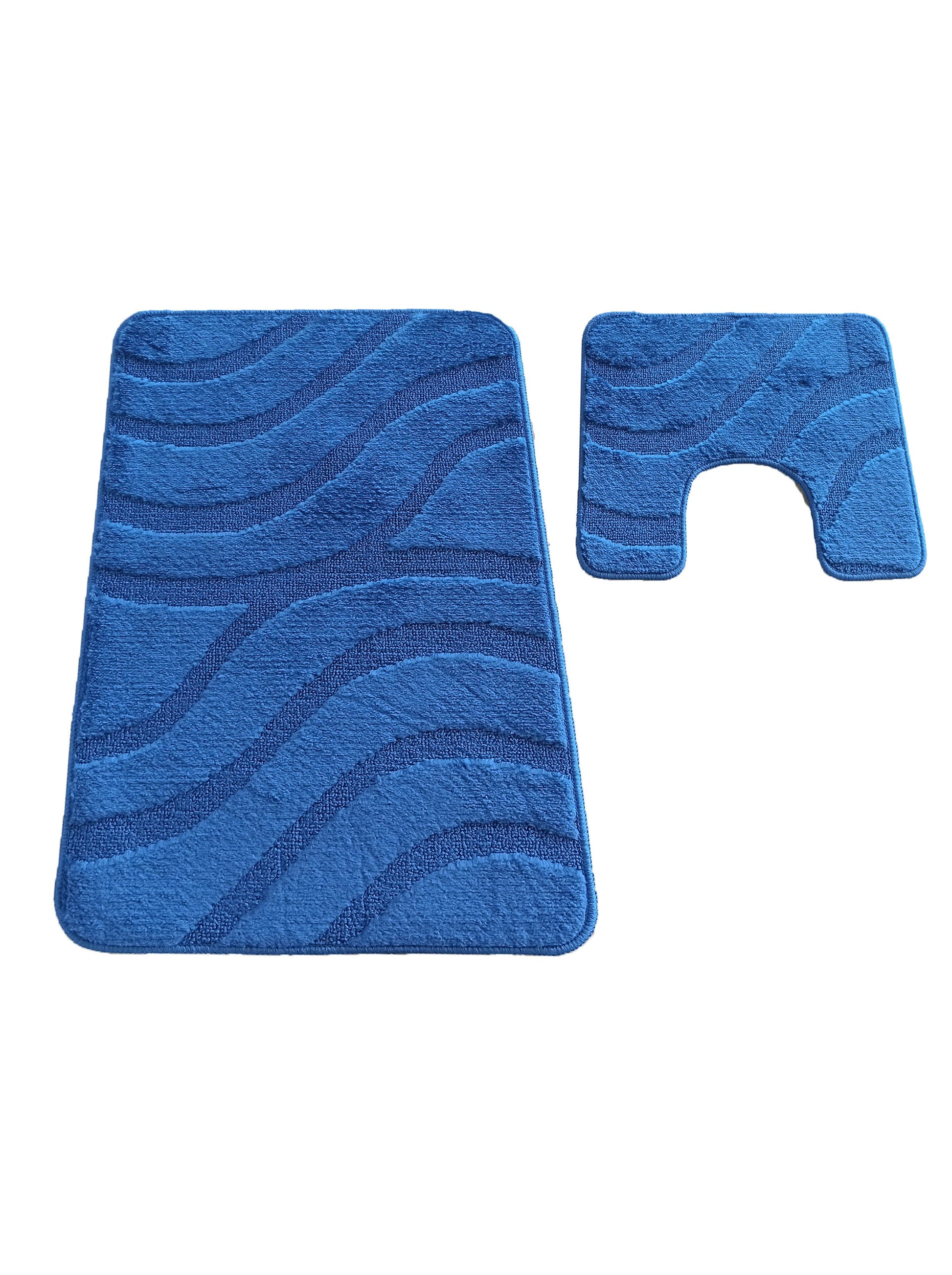 Deux tapis textiles bleus, un rectangulaire et un en forme de U, avec un motif ondulé en relief