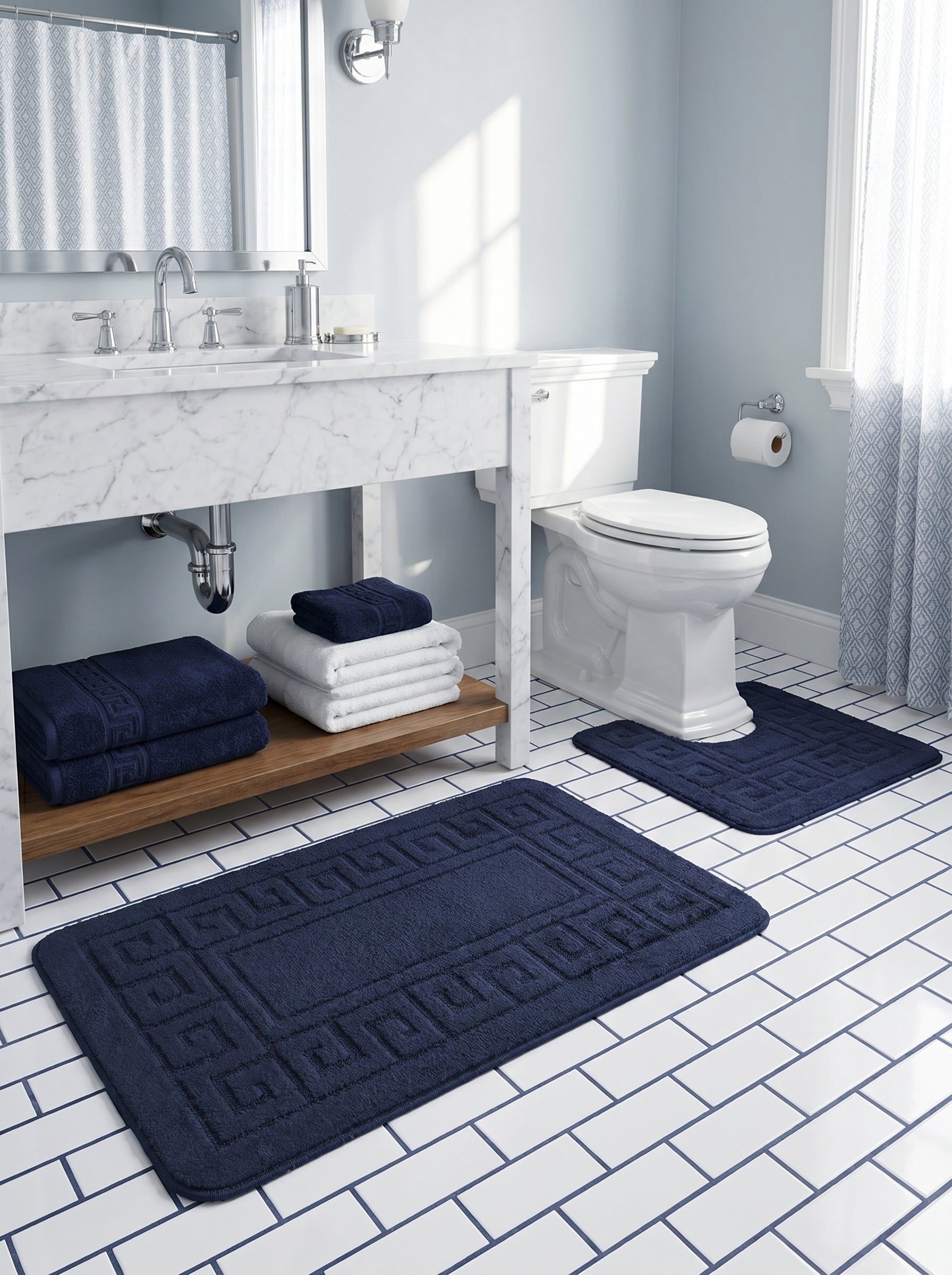 Deux tapis de bain bleu marine en coton bouclé, l'un rectangulaire et l'autre en U, avec un motif géométrique en relief sur les bords, dans une salle de bain claire
