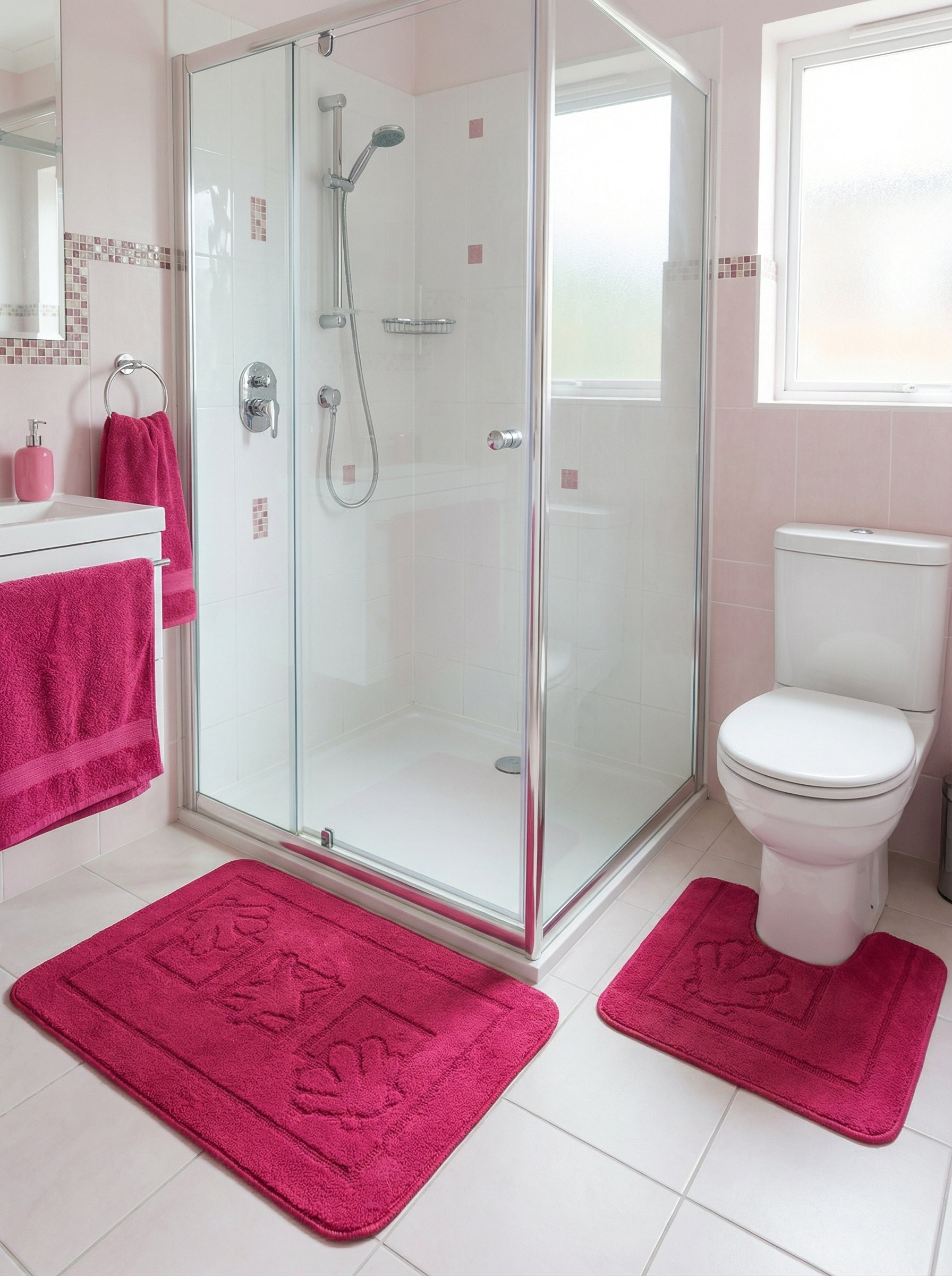 Tapis de bain rose fuchsia doux avec motifs floraux en relief, un rectangulaire et un en U, dans une salle de bain claire
