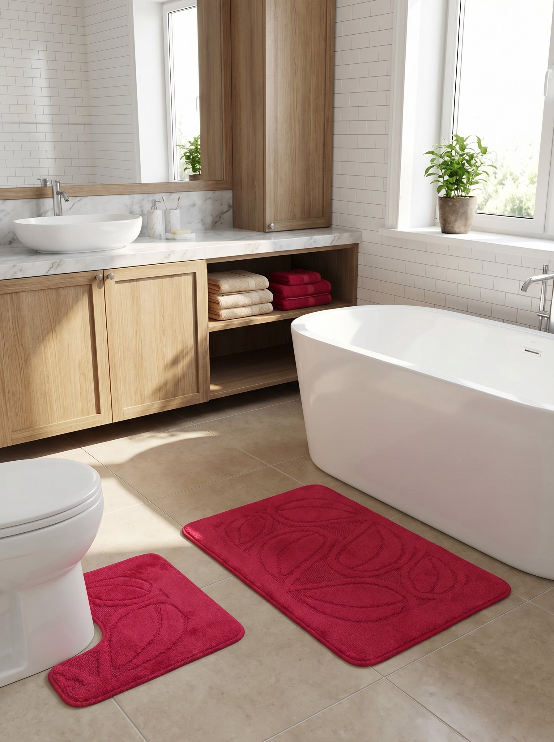 Deux tapis de bain rouges, l'un rectangulaire, l'autre en U, avec des motifs de feuilles en relief, dans une salle de bain carrelée