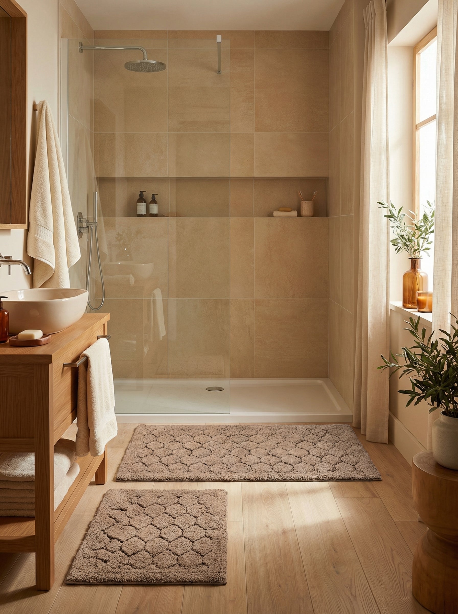 Tapis de bain taupe moelleux avec un motif hexagonal en relief, posé sur un parquet clair dans une salle de bain moderne