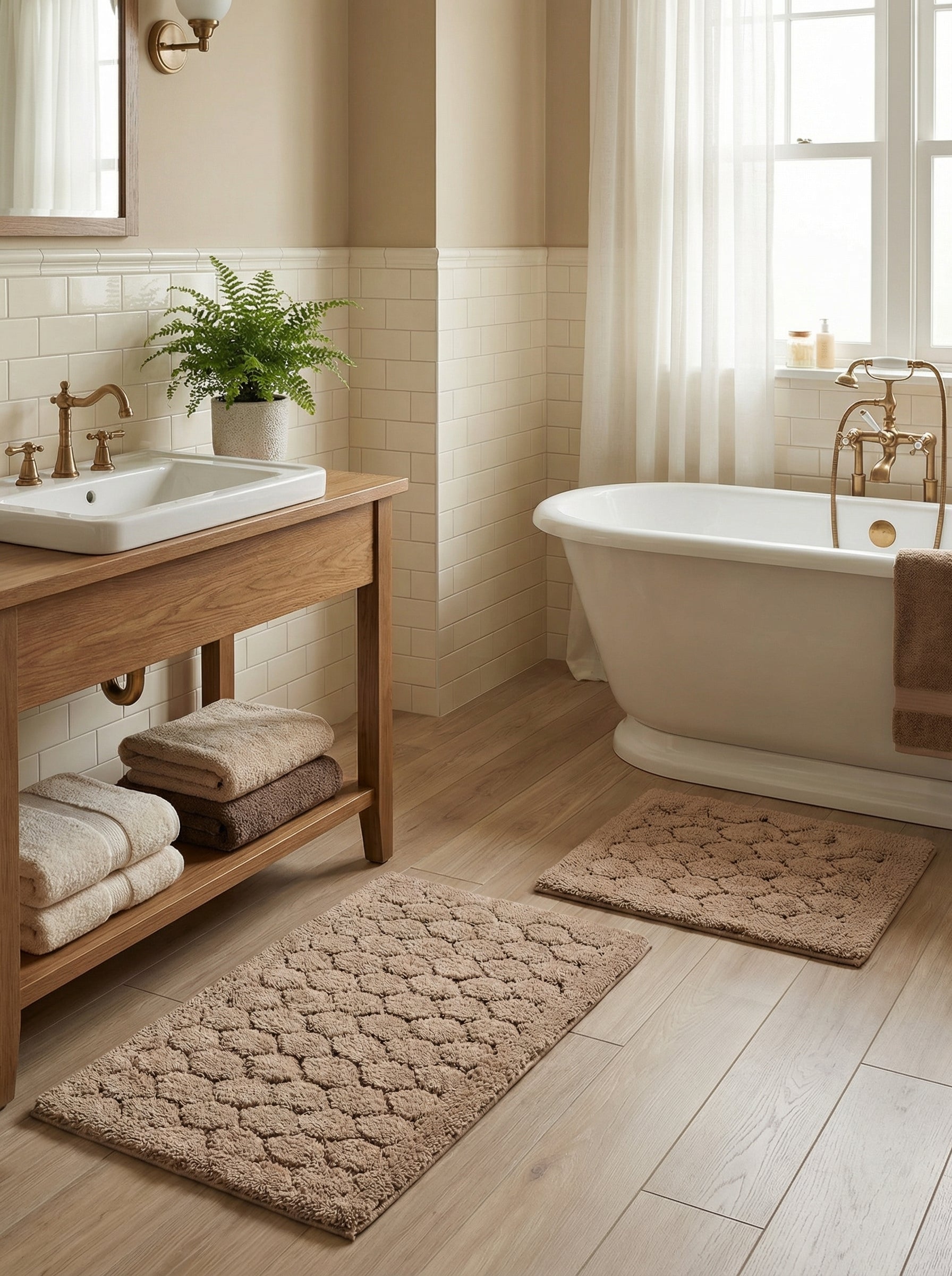 Deux tapis de bain doux beige clair à motif de galets sur un plancher de bois dans une salle de bain élégante