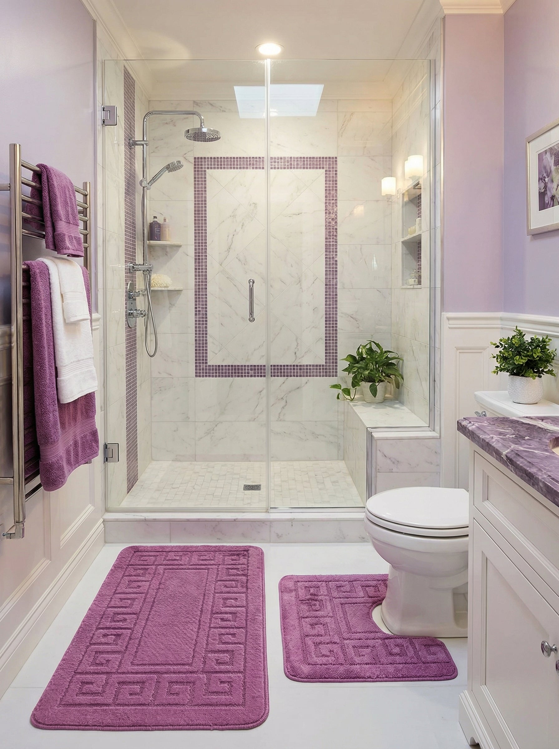 Deux tapis de bain violets en éponge avec motif clé grecque, un rectangulaire et un en U, dans une salle de bain lumineuse