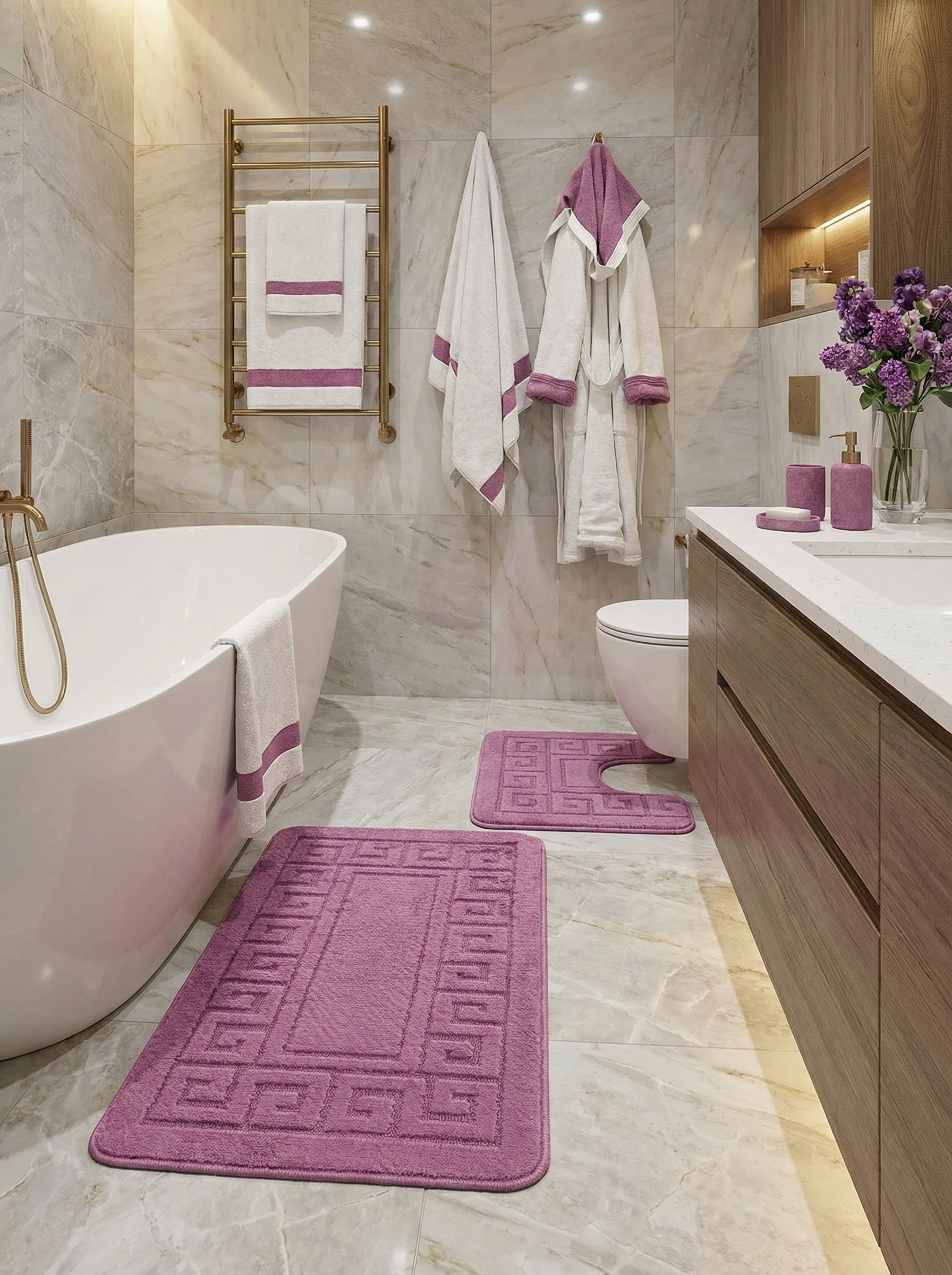 Deux tapis de bain rose fuchsia moelleux, l'un rectangulaire et l'autre en U, avec bordure à motif méandre, dans une salle de bain
