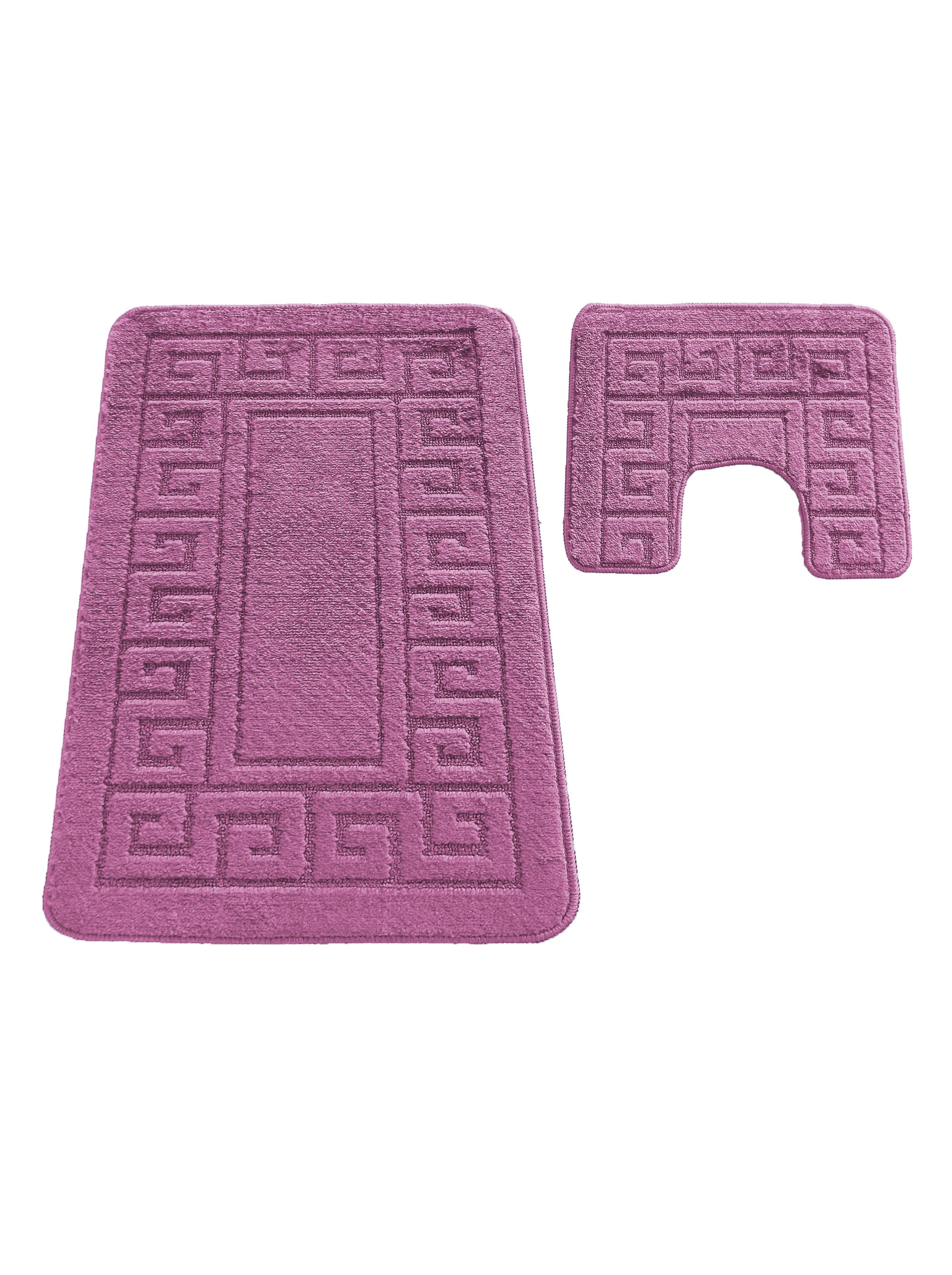 Deux tapis violet en tissu bouclé, l'un rectangulaire et l'autre en U, ornés d'un motif de méandre