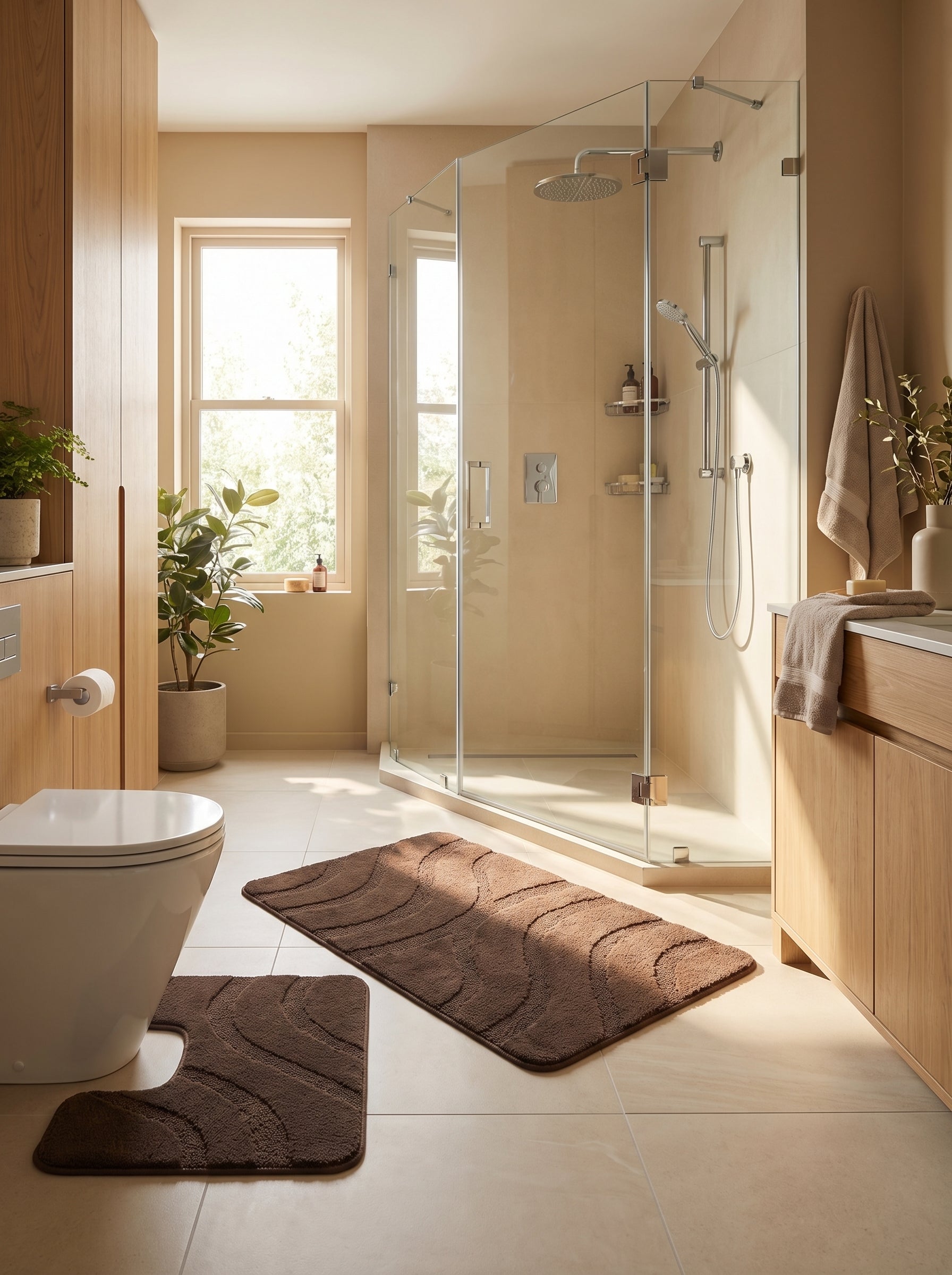Deux tapis de bain marron foncé texturés de vagues, l'un rectangulaire et l'autre contour WC, dans une salle de bain