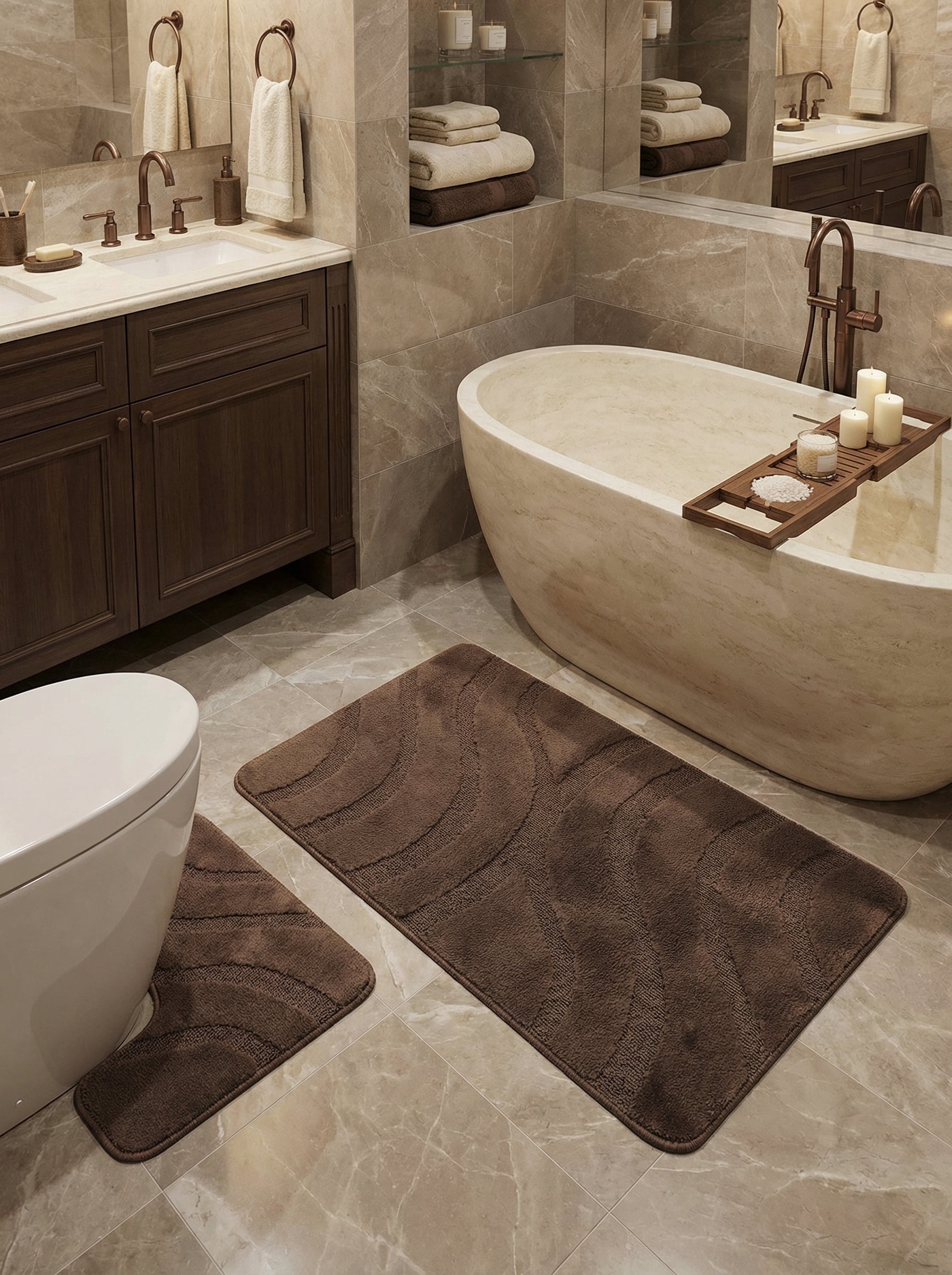 Tapis de bain brun foncé et tapis contour toilette assorti, avec motifs ondulés en relief, sur le sol carrelé d'une salle de bain
