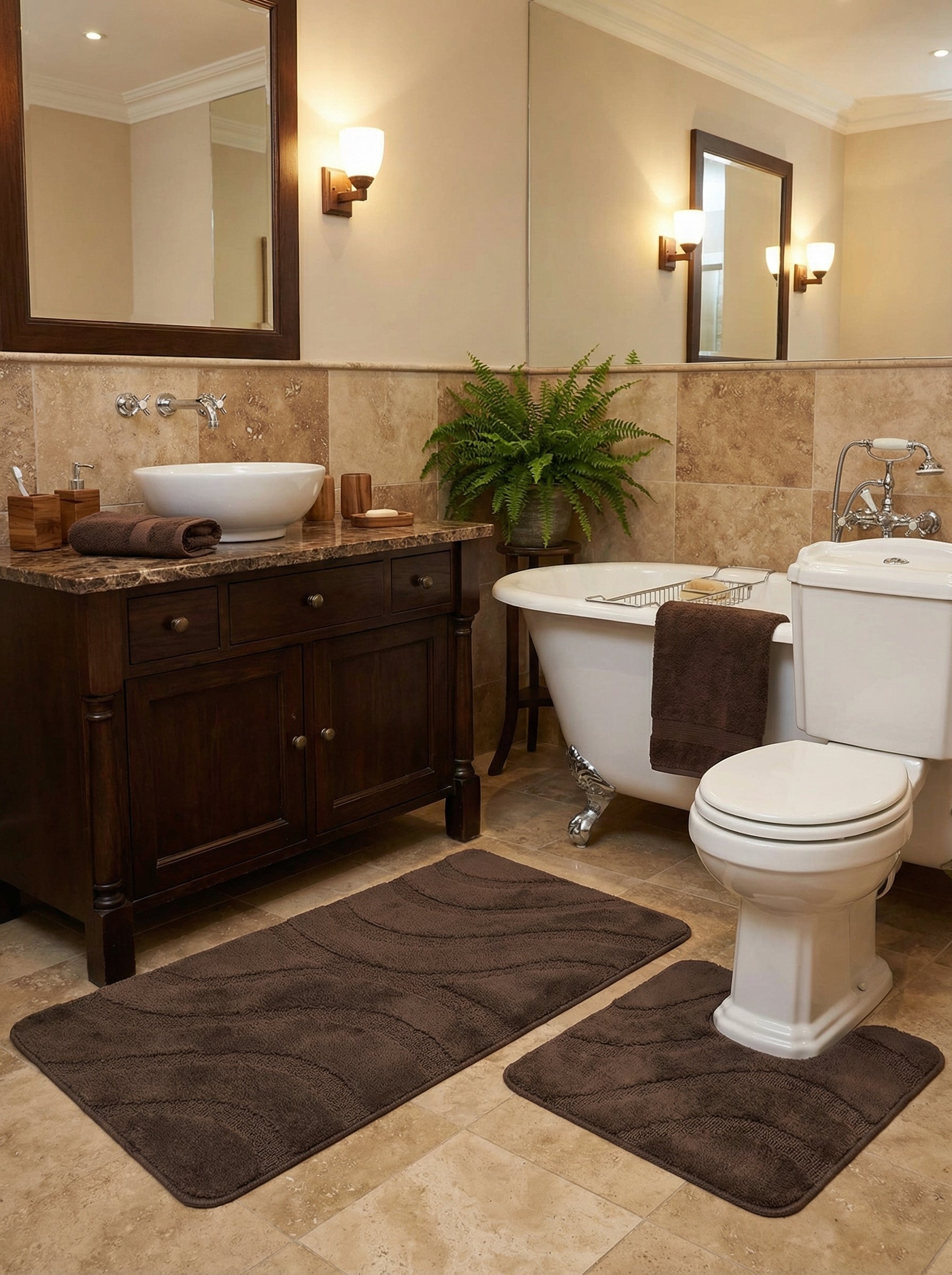 Deux tapis de bain marron foncé moelleux, un rectangulaire et un en forme de U, ornés de motifs ondulés, dans une salle de bain