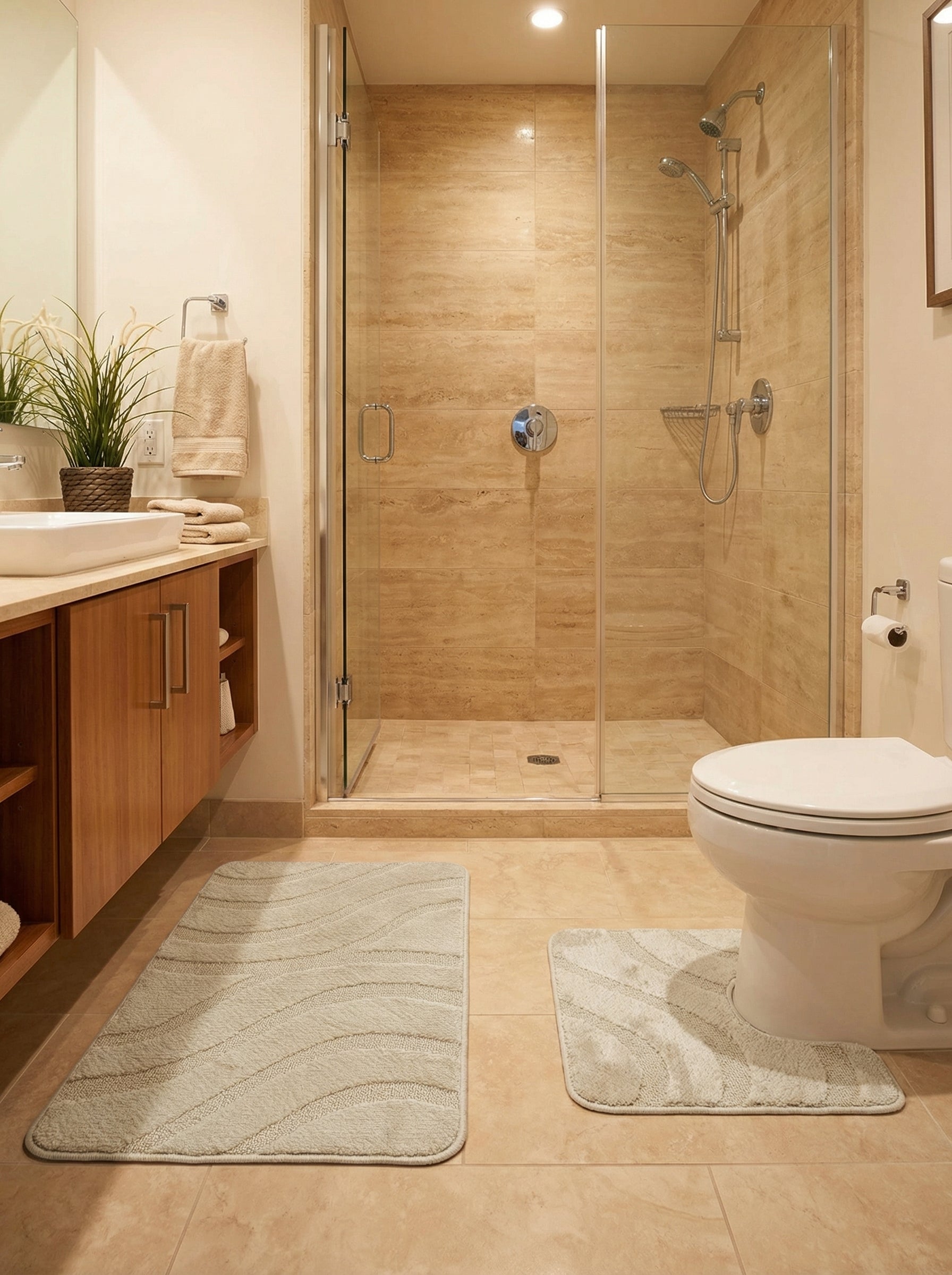 Deux tapis de bain beige clair à texture ondulée, l'un rectangulaire et l'autre en U, sur le sol d'une salle de bain