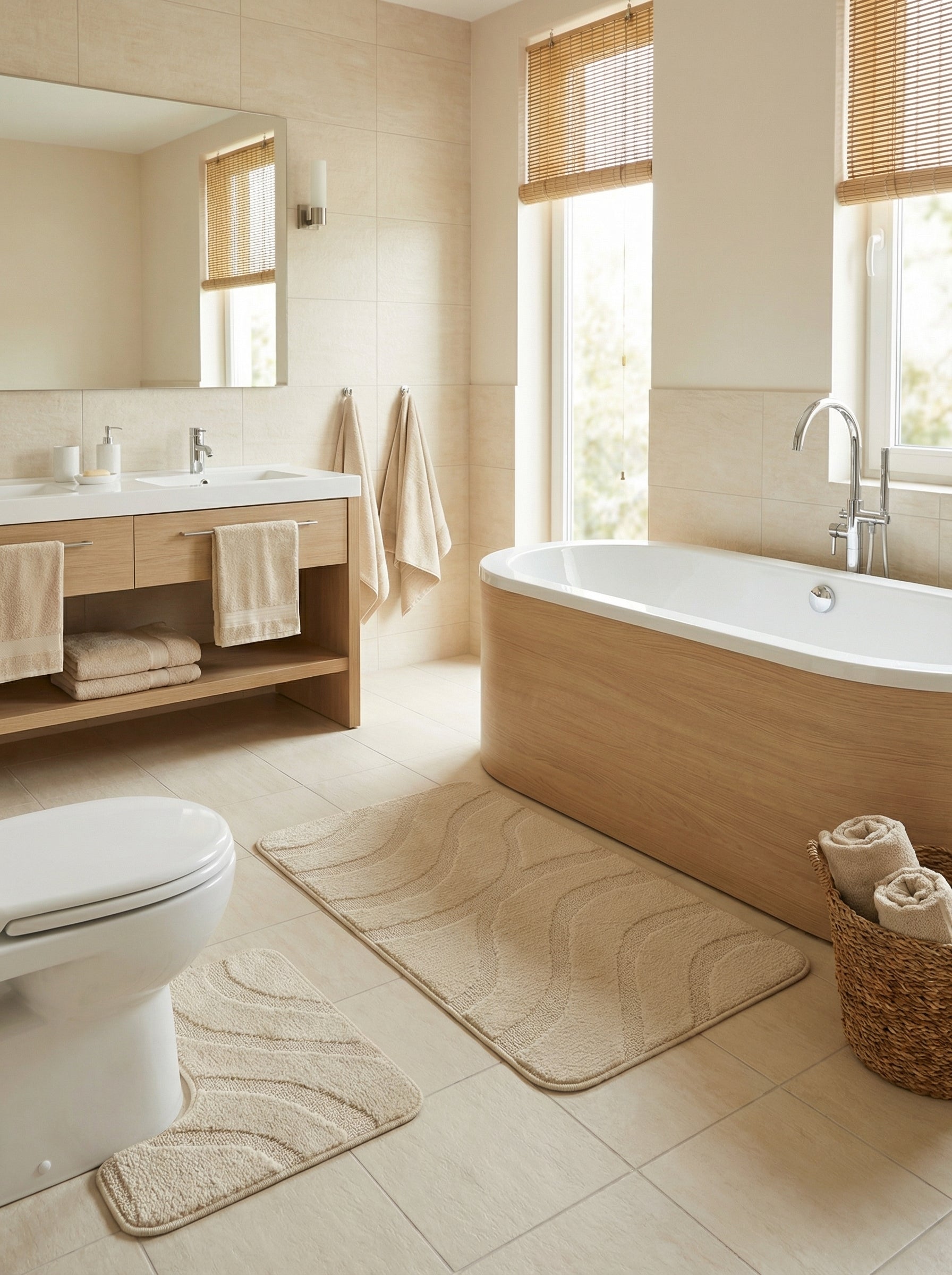 Deux tapis de bain beiges, l'un rectangulaire et l'autre en forme de U, avec des motifs ondulés, dans une salle de bain