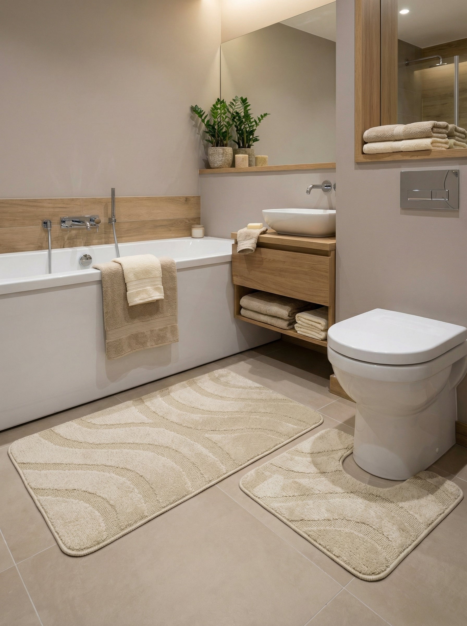 Ensemble de deux tapis de bain moelleux, beige et crème, avec des motifs de vagues texturées, dans une salle de bain lumineuse