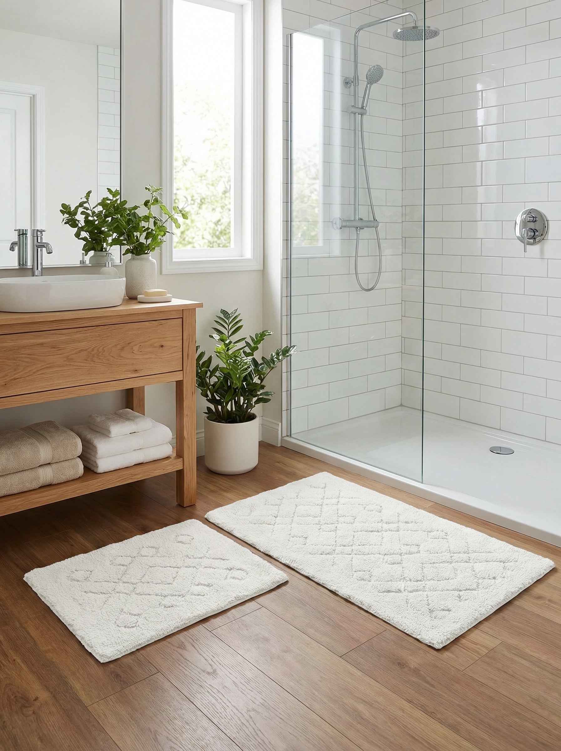 Deux tapis de bain blancs moelleux aux motifs géométriques en relief, posés sur le plancher en bois clair d'une salle de bain moderne