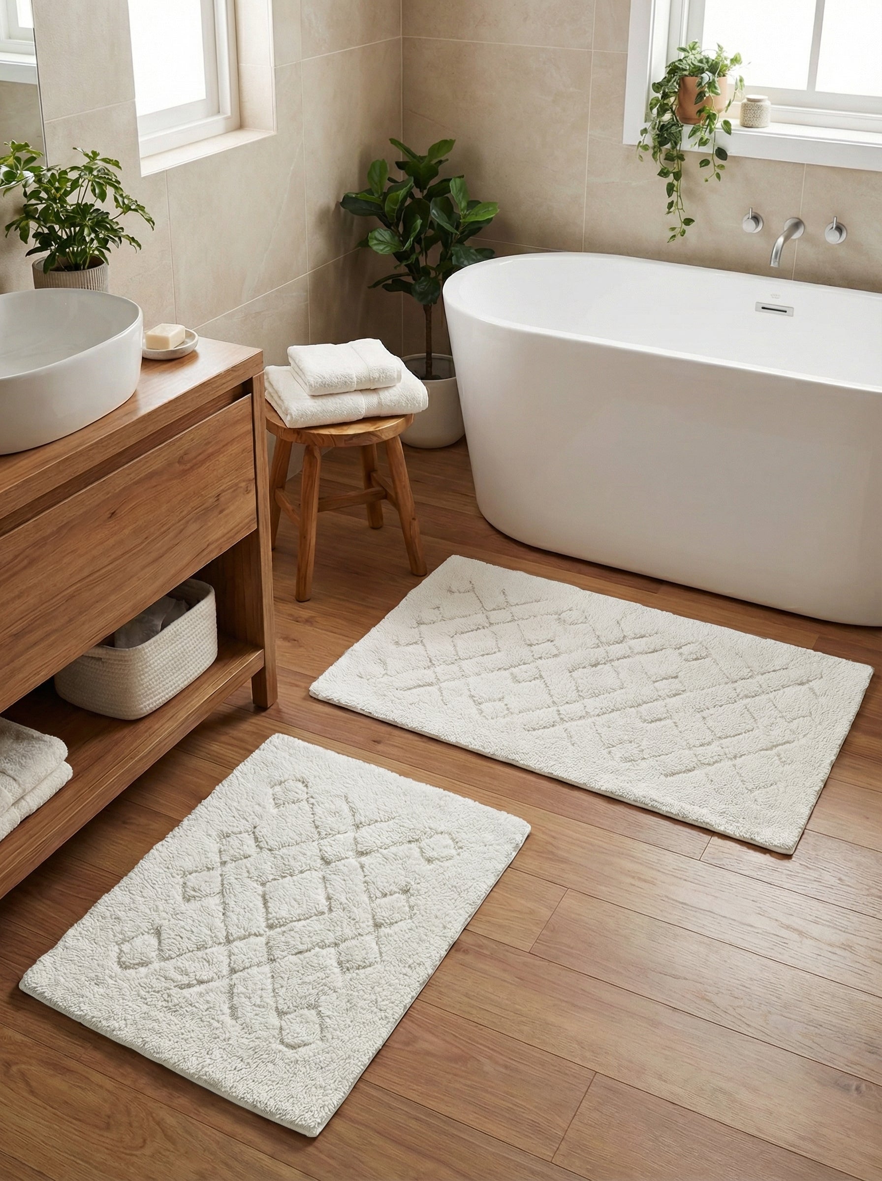 Tapis blanc moelleux et rectangulaire à motifs géométriques en relief, posé sur un parquet dans une salle de bain
