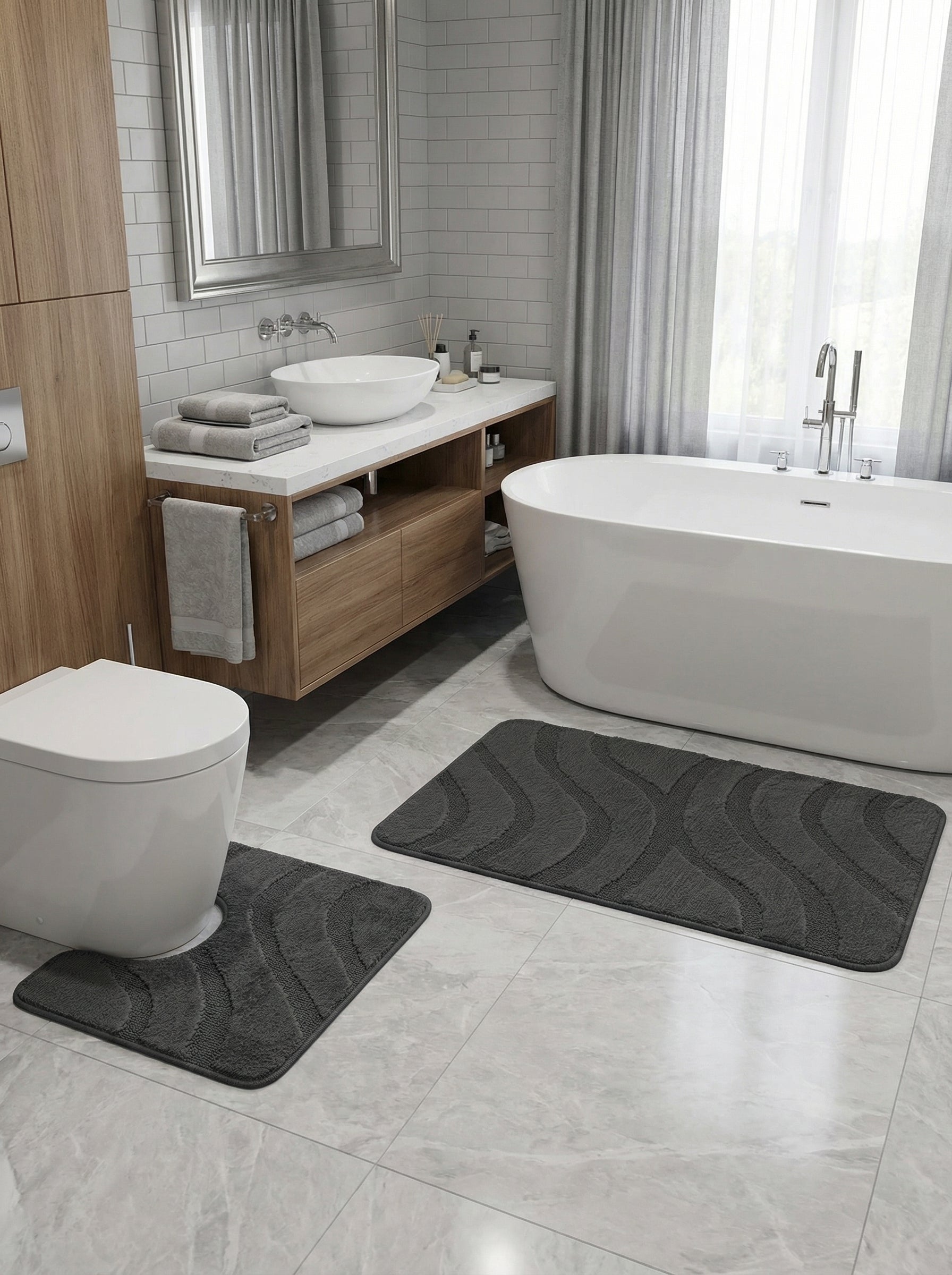 Deux tapis de bain gris anthracite à motifs ondulés en relief, l'un rectangulaire et l'autre en U, dans une salle de bain moderne