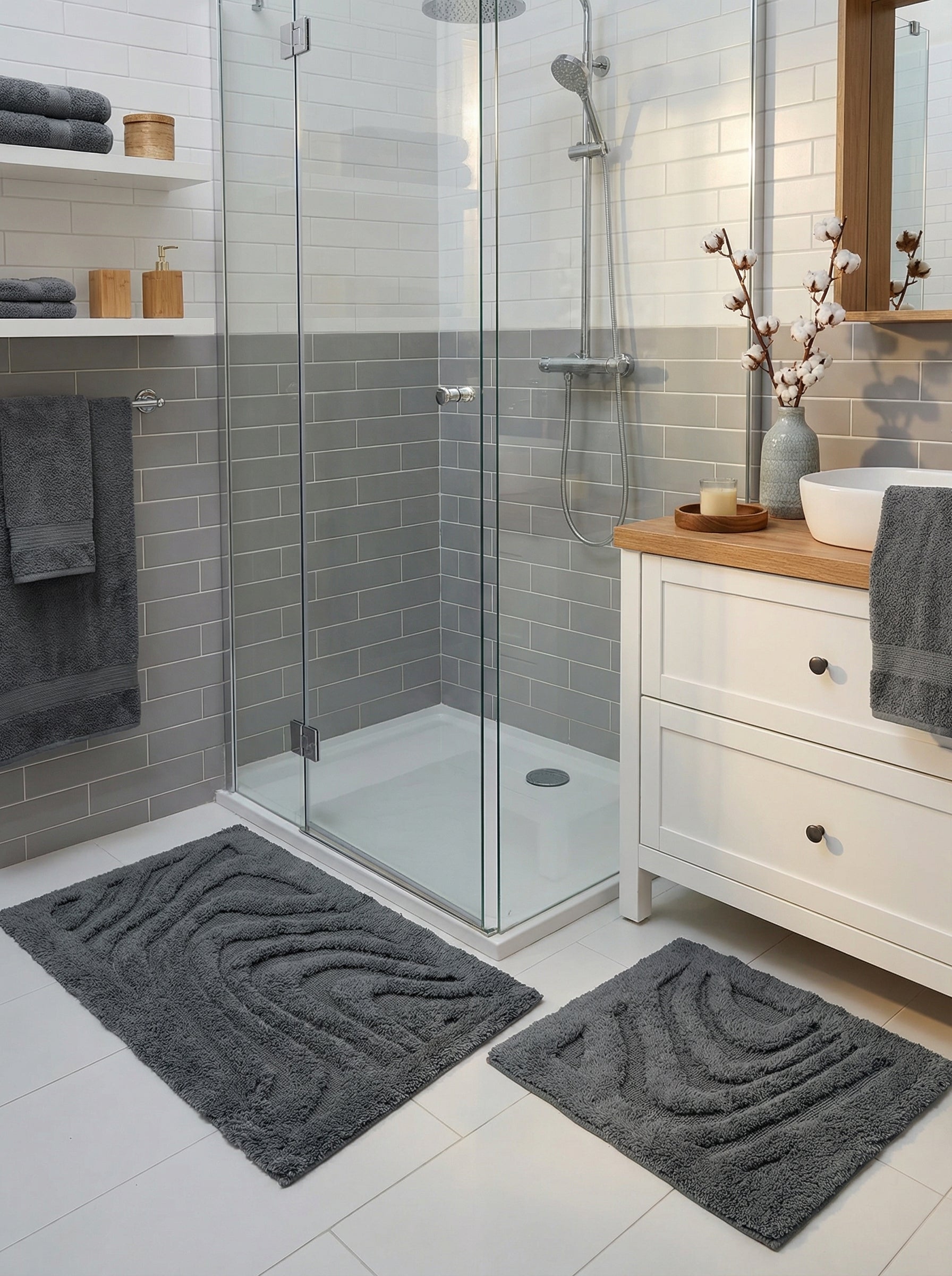 Deux tapis de bain gris foncé rectangulaires avec des motifs abstraits en relief, posés sur un sol carrelé dans une salle de bain moderne