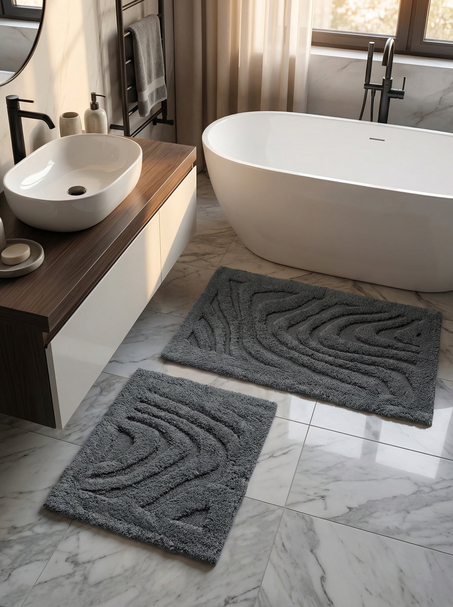 Deux tapis de bain gris anthracite rectangulaires, l'un plus grand, l'autre plus petit, avec des motifs ondulés en relief. Posés sur un sol carrelé en marbre blanc dans une salle de bain moderne
