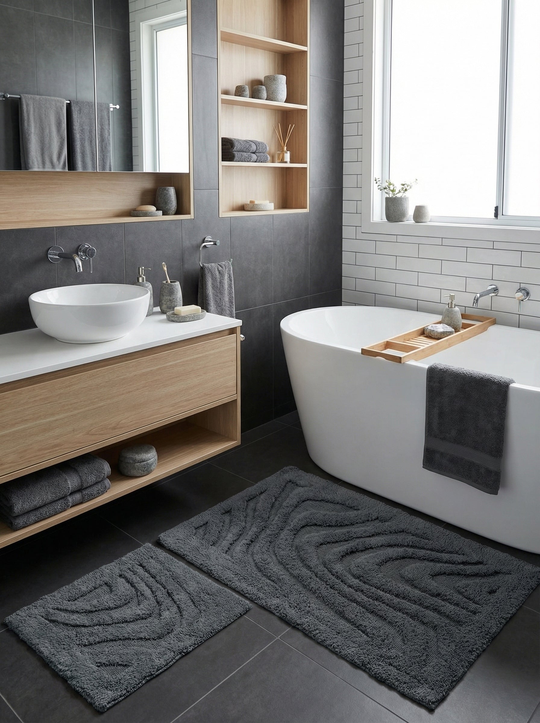 Deux tapis de bain rectangulaires en tissu éponge gris anthracite, aux motifs en relief ondulés, posés sur le carrelage d'une salle de bain