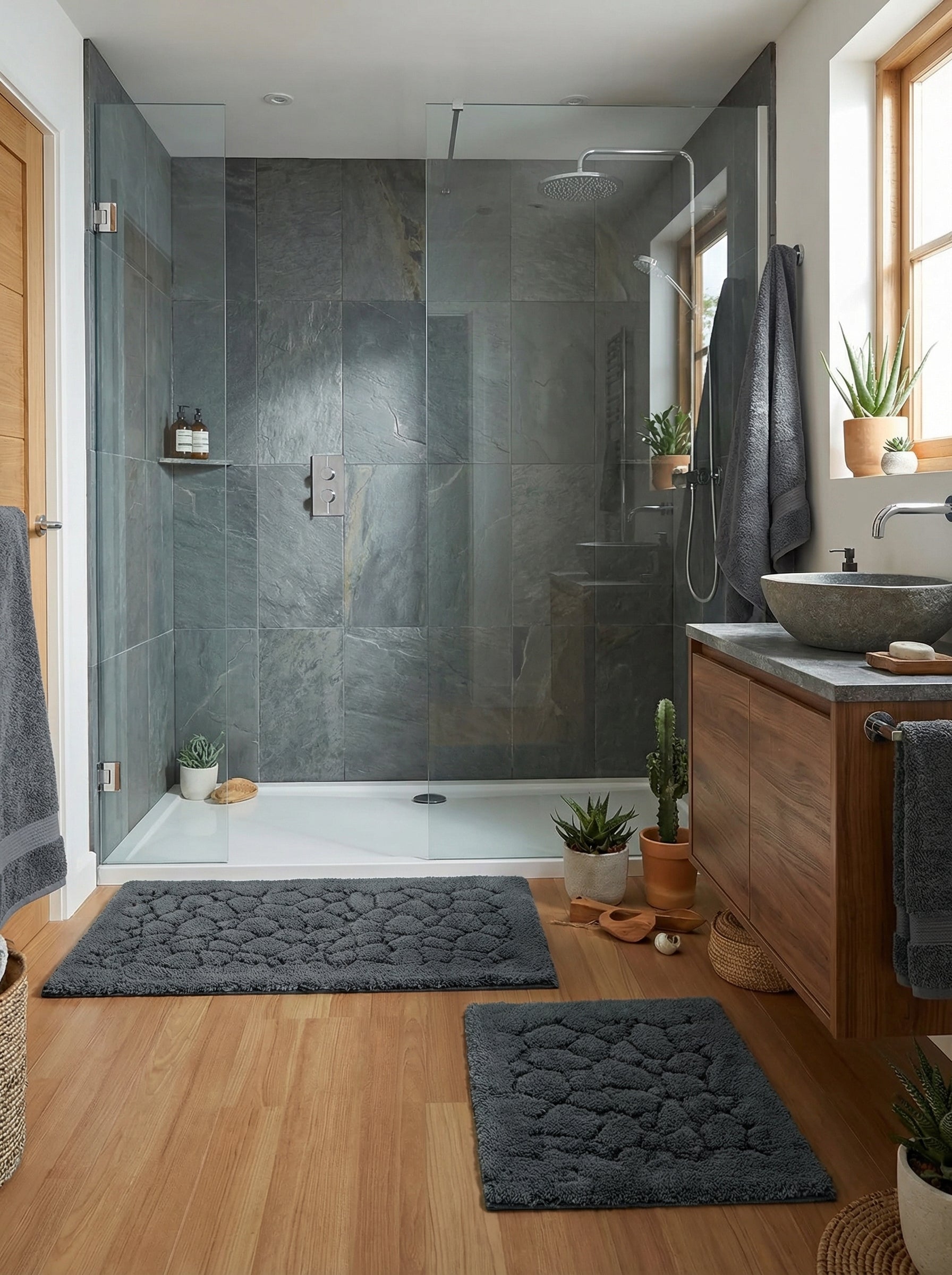 Deux tapis de bain gris anthracite moelleux à motifs de galets en relief, posés sur le parquet clair d'une salle de bain moderne