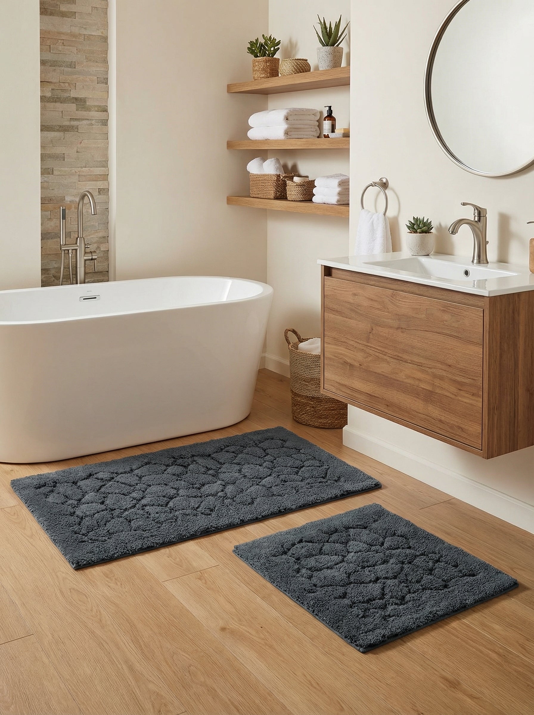 Deux tapis rectangulaires gris foncé à motifs de galets texturés, en tissu doux, posés sur un plancher en bois clair dans une salle de bain moderne
