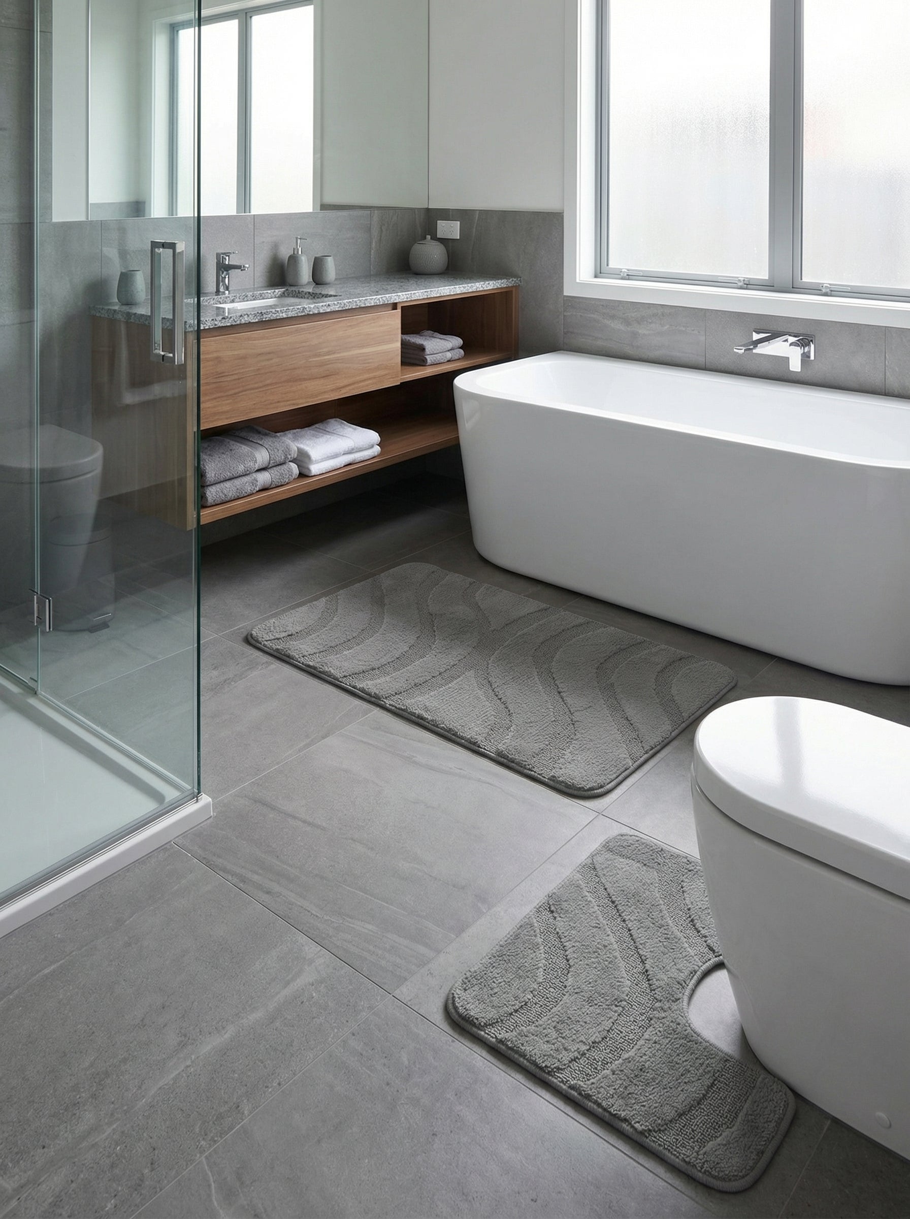 Deux tapis de bain gris doux à motifs ondulés, l'un rectangulaire, l'autre en U, sur le carrelage d'une salle de bain lumineuse