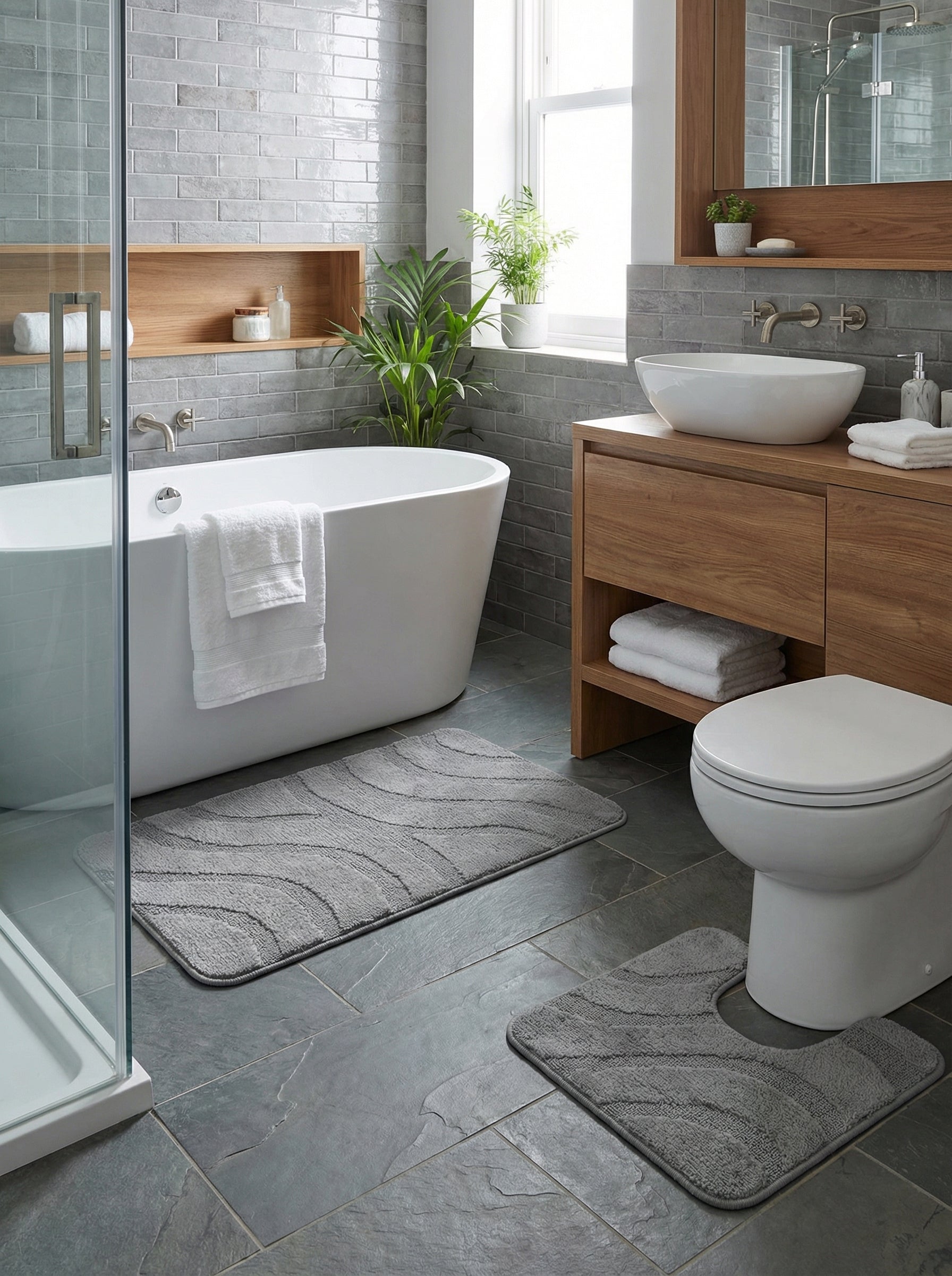 Deux tapis de bain gris avec motifs vagues, un rectangulaire et un en U, posés sur un sol carrelé dans une salle de bain moderne