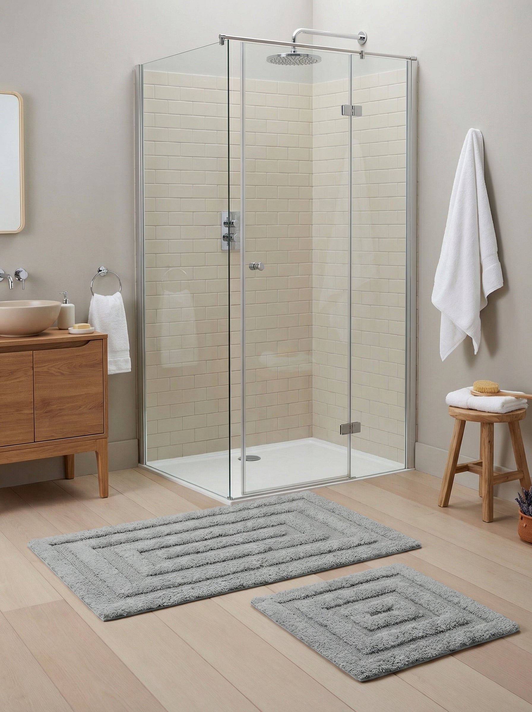 Deux tapis de bain gris clair, en tissu bouclé, aux motifs géométriques concentriques, dans une salle de bain lumineuse