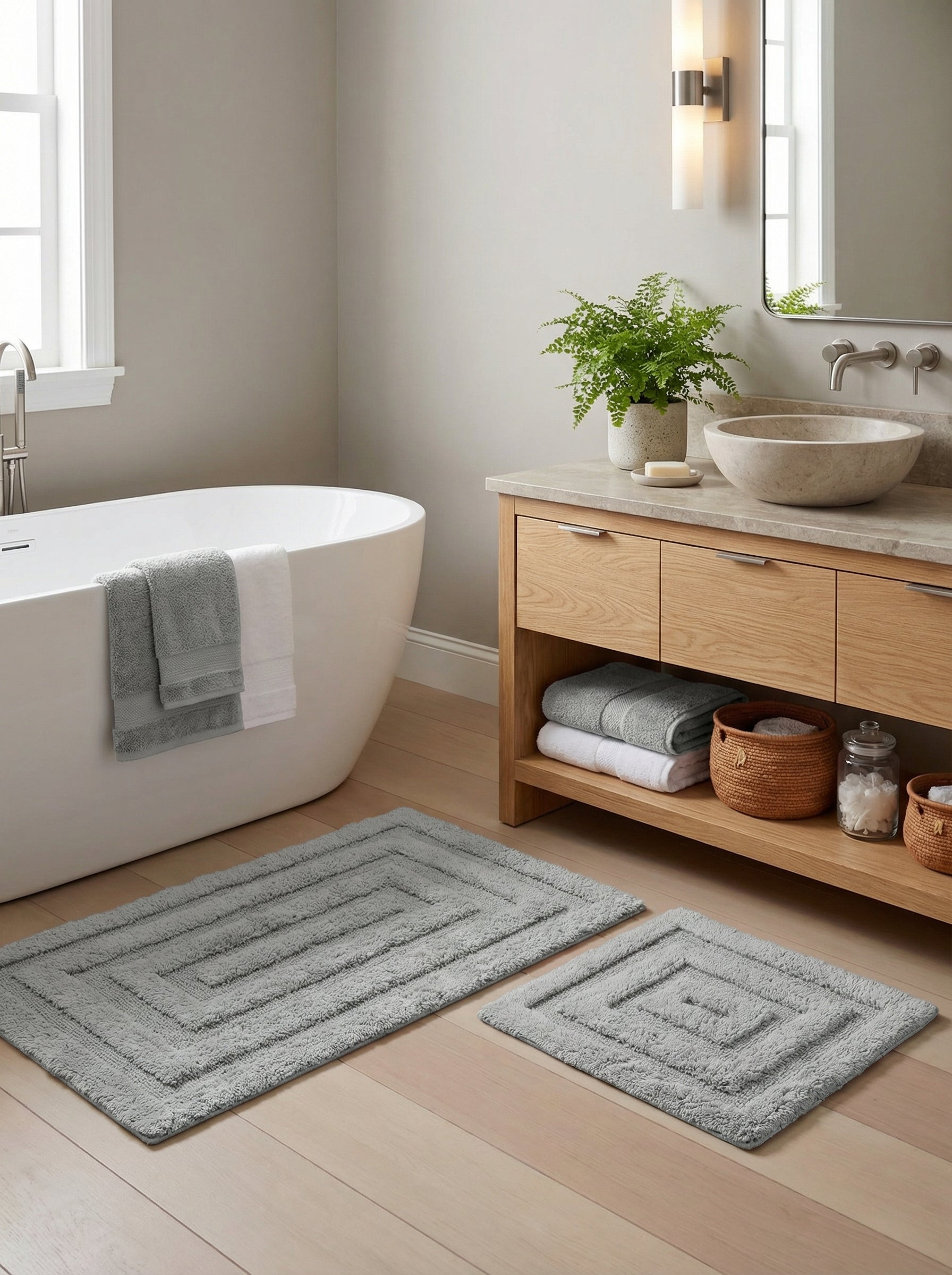 Paire de tapis de bain gris clair en coton bouclé avec motifs rectangulaires concentriques, posés sur un sol en bois clair dans une salle de bain moderne