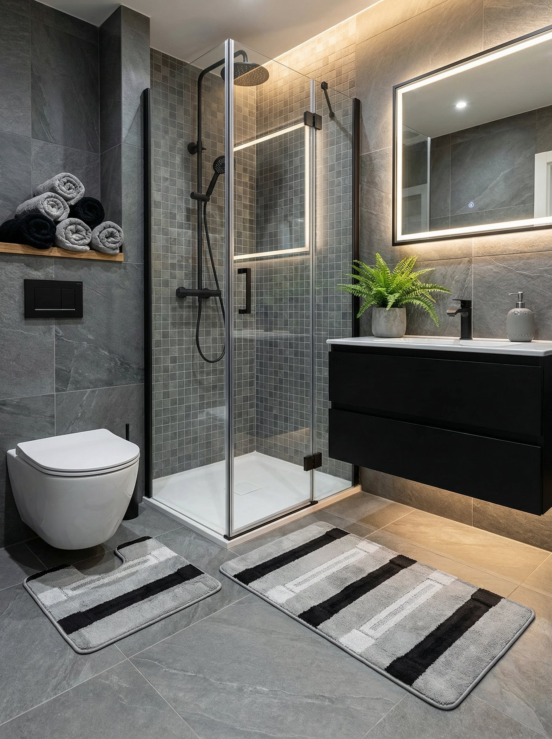 Tapis de bain rectangulaire gris, noir et blanc à motifs de rayures et blocs géométriques, dans une salle de bain moderne