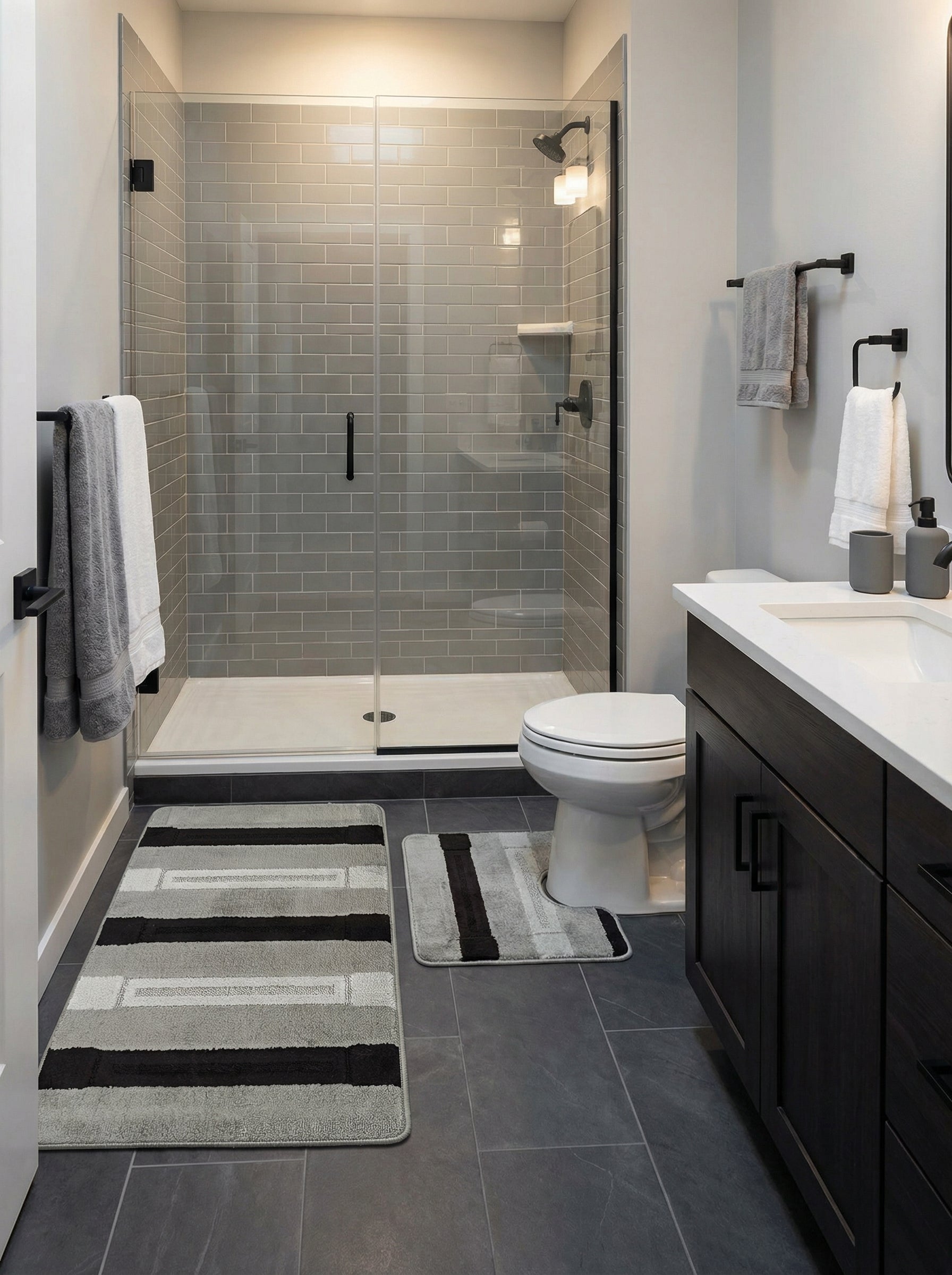 Tapis de bain rectangulaire gris et noir avec des bandes horizontales texturées, dans une salle de bain moderne