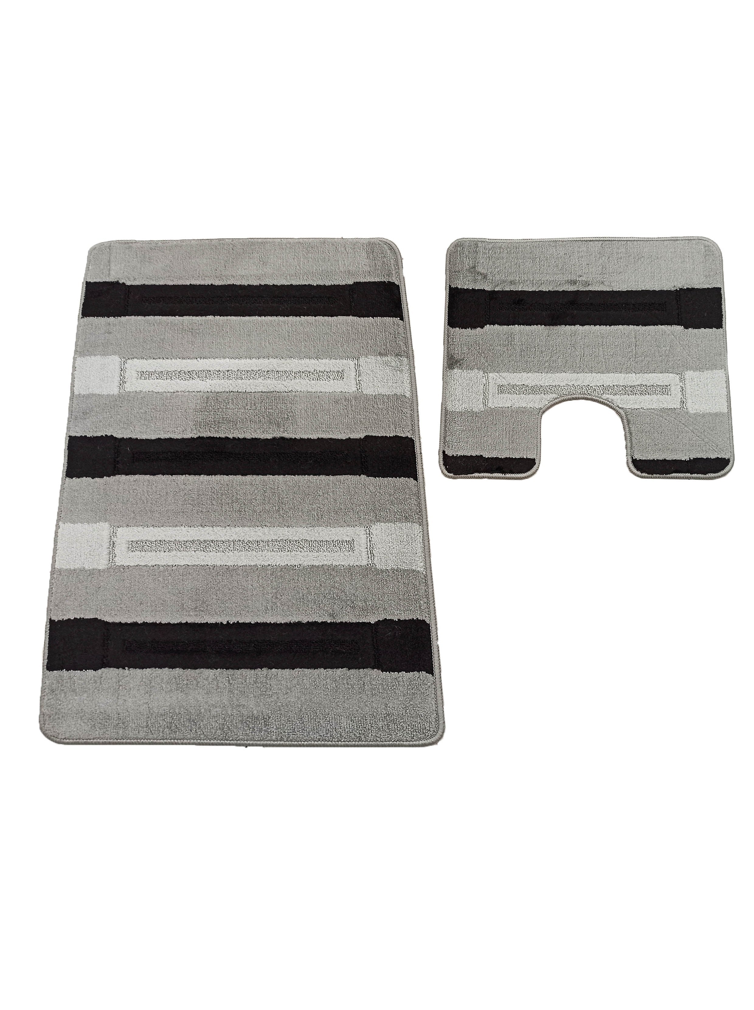 Lot de deux tapis moelleux à rayures horizontales gris clair, gris moyen et noir, l'un rectangulaire et l'autre en U