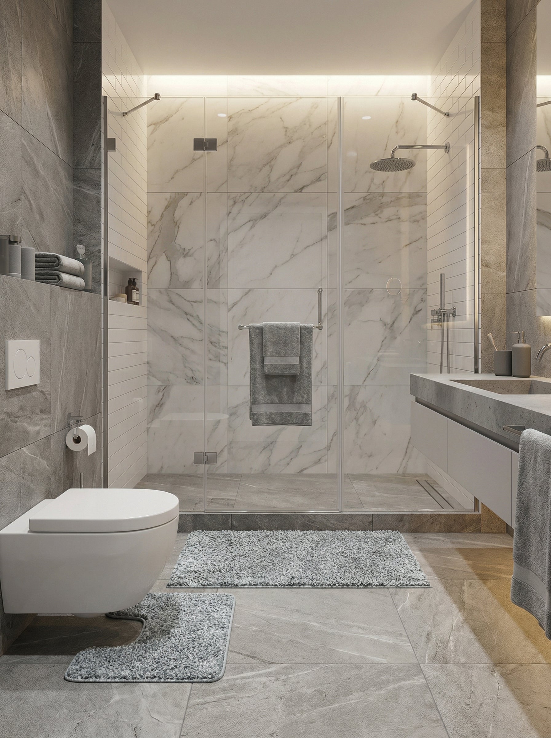 Ensemble de tapis de bain gris clair à poils longs, rectangulaire et en forme de U, dans une salle de bain moderne