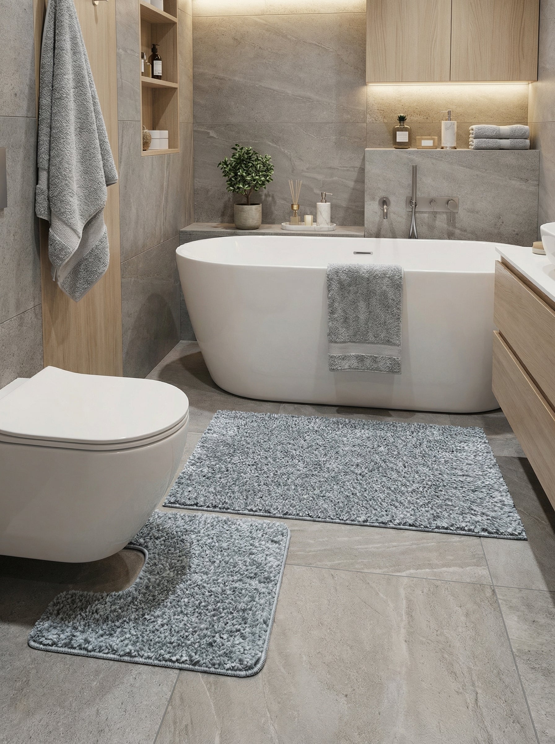 Deux tapis de bain gris clair moelleux, l'un rectangulaire et l'autre en U, posés sur le sol d'une salle de bain moderne