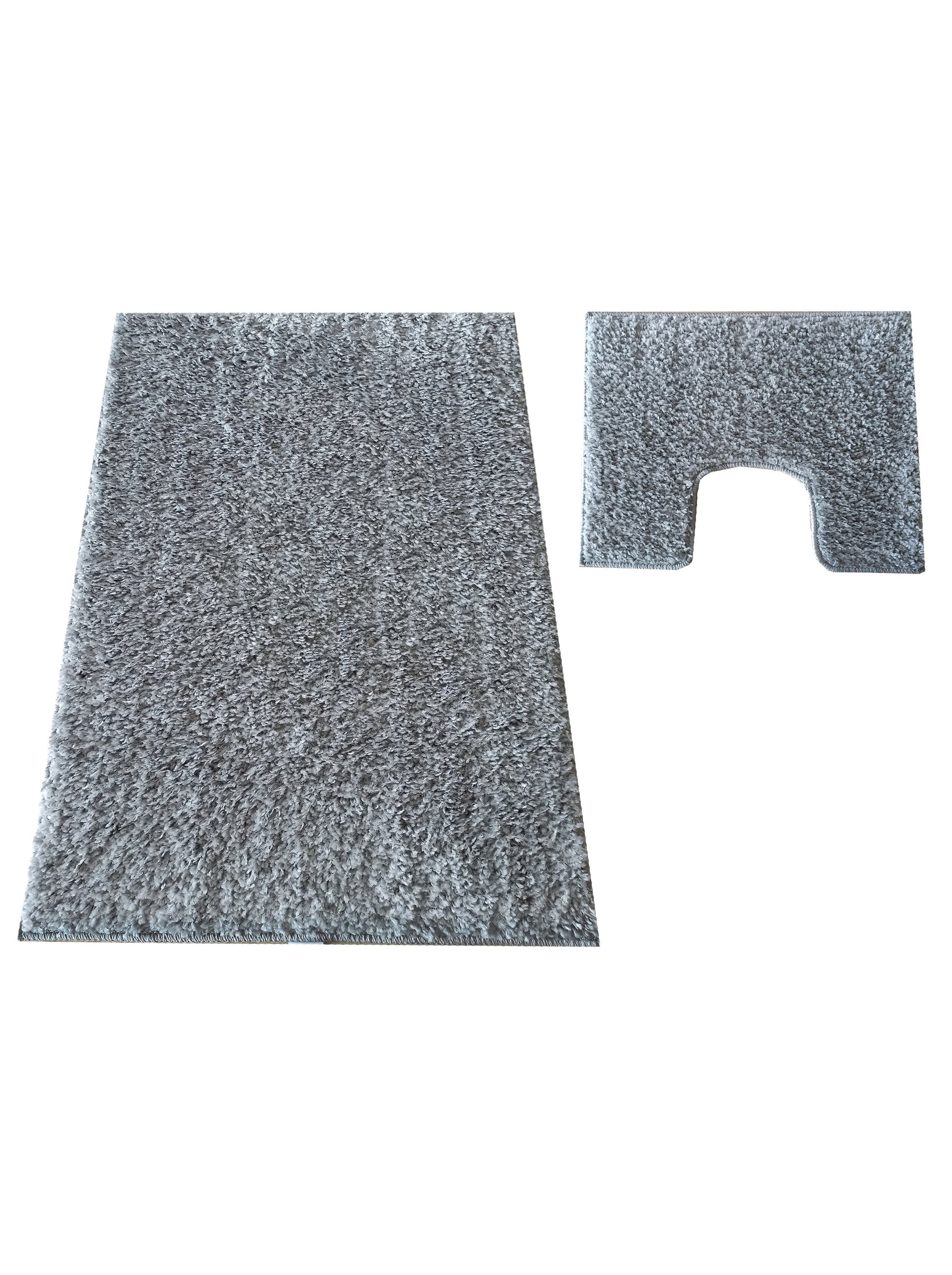 Ensemble de deux tapis gris chiné à poils longs : un tapis rectangulaire et un tapis avec découpe en U
