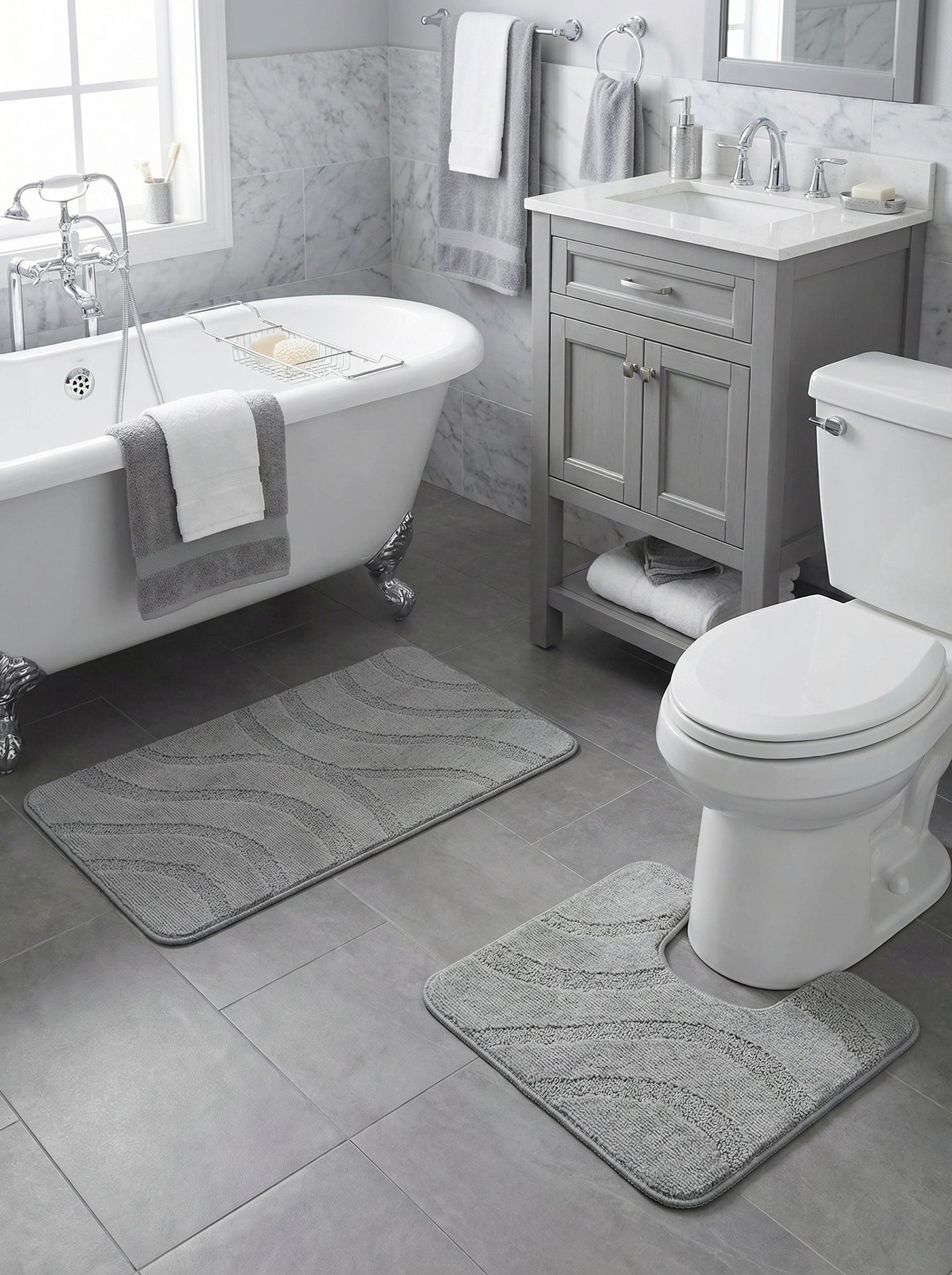 Tapis de bain gris clair, l'un rectangulaire et l'autre en U, avec des motifs texturés ondulés, dans une salle de bain
