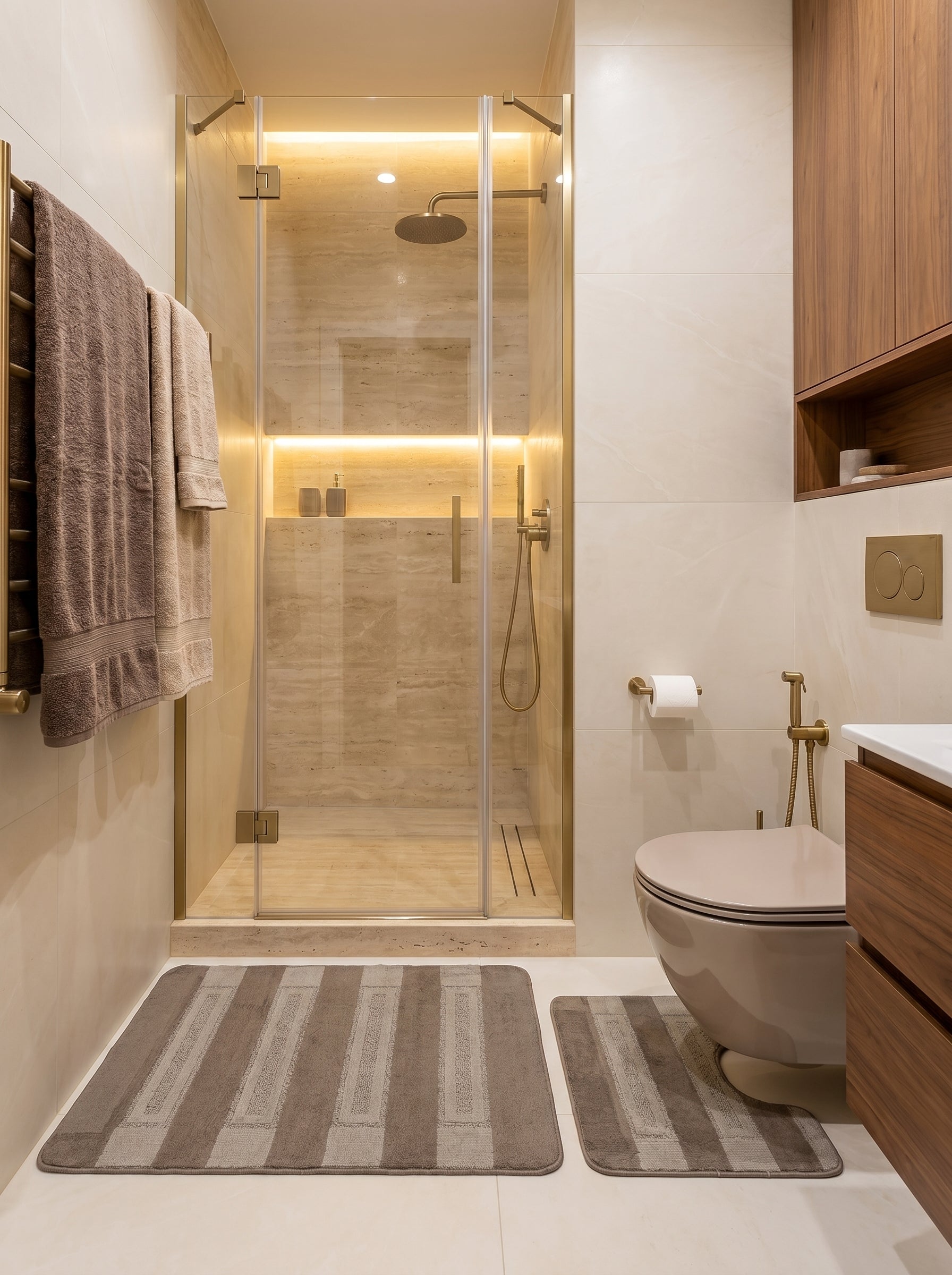 Deux tapis de bain moelleux marron et taupe à rayures verticales texturées, l'un rectangulaire et l'autre en U, dans une salle de bain